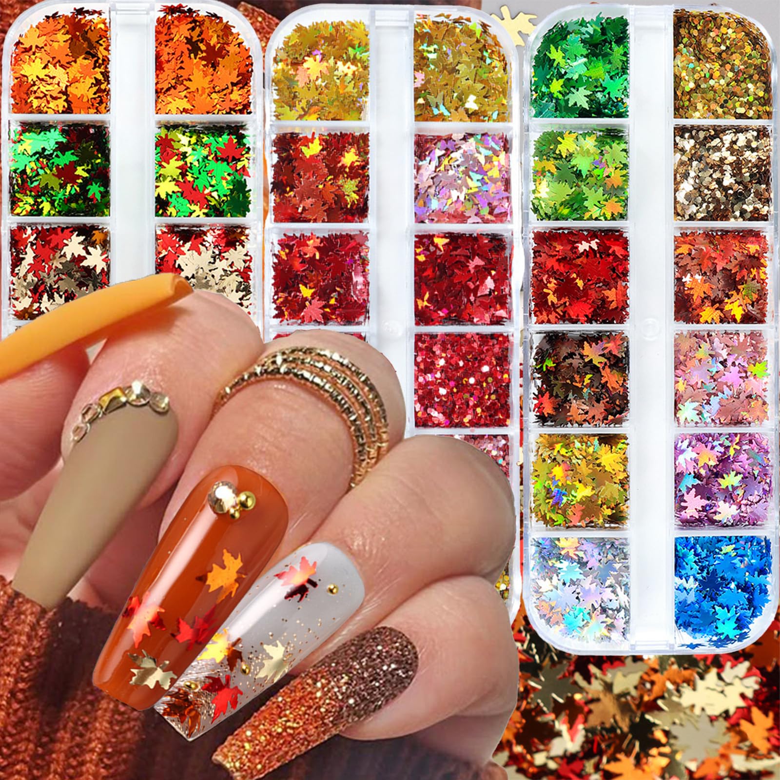 3Boxes 24 Colors Maple Leaf Nail Art Sequins Chameleon Holographic Glitter 3D Flakes Laser Gradient Nail Glitter Design Shiny Glitters Accessories for Women Fall Manicure DIY Decorations
