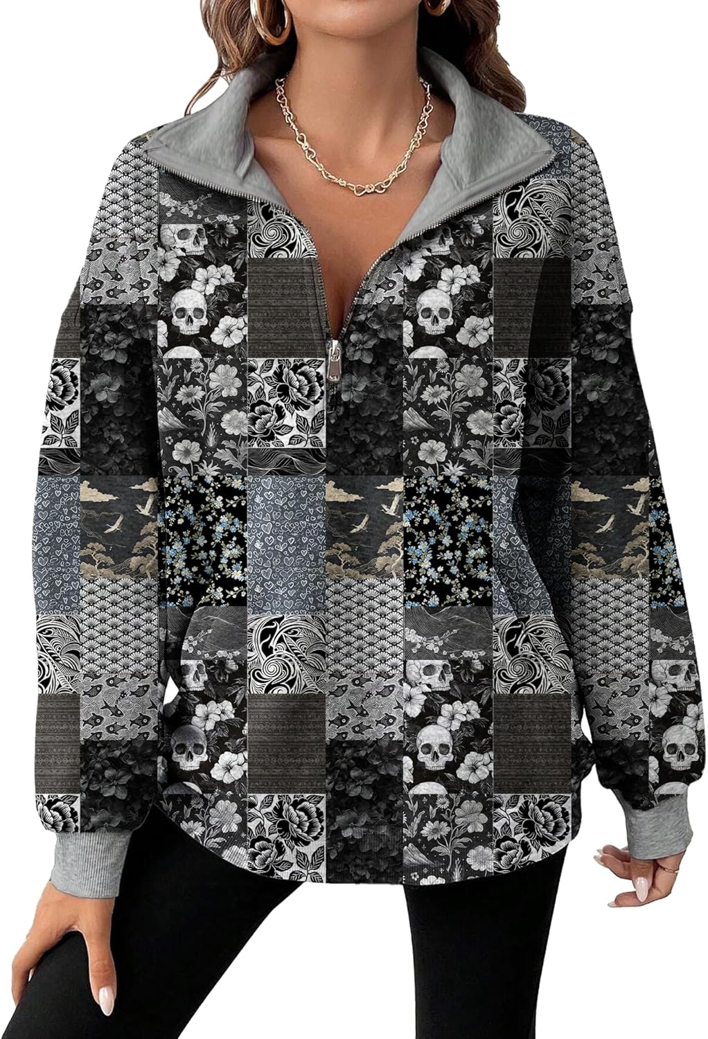 MARSVOVO Patchwork Quarter Zip Pullover Women Trendy Collar Sweatshirt Casual Slim Fit Spring Fall Long Sleeve Shirts