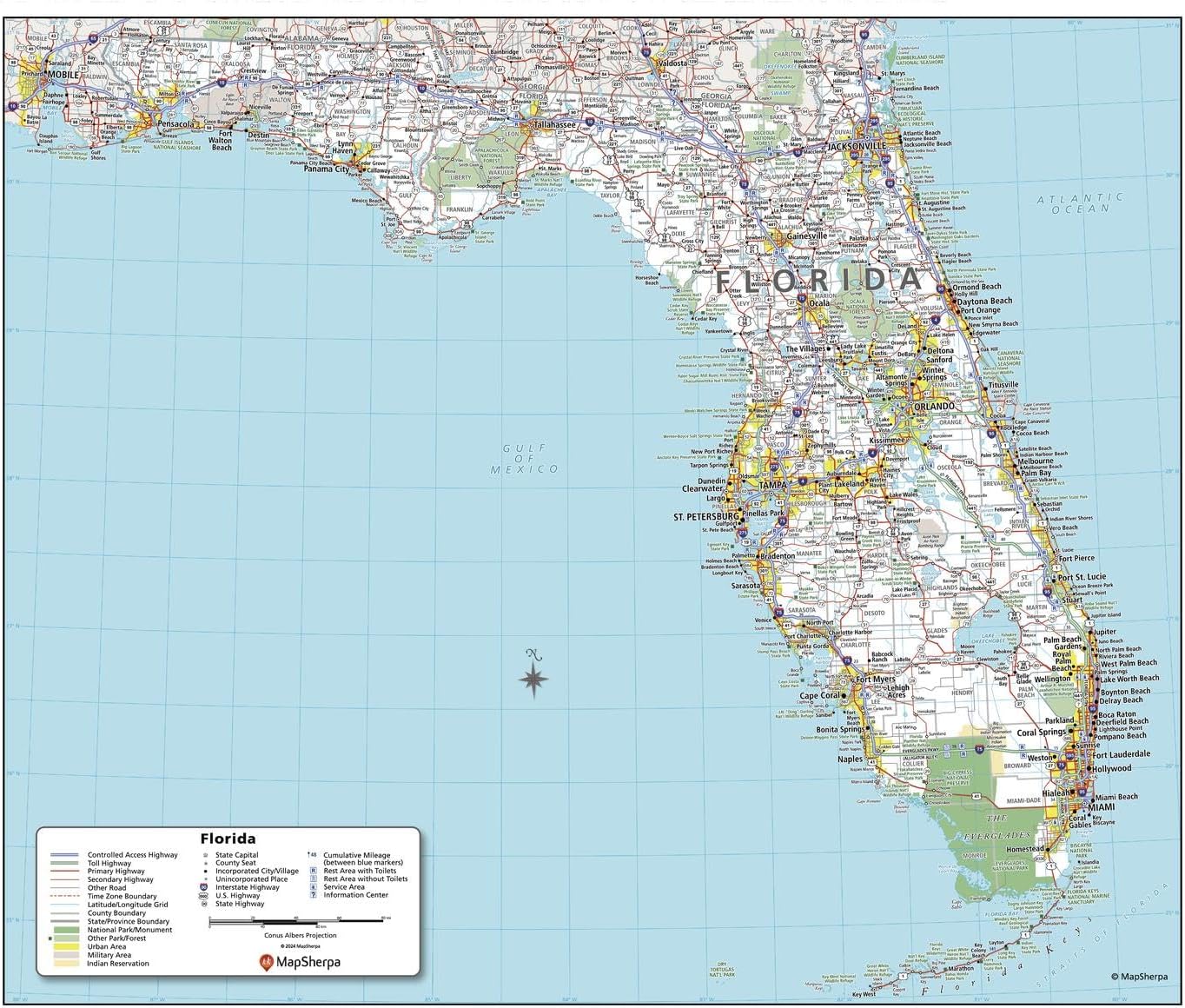 MapSherpa: Florida State Wall Map - 24.5 x 29 inch Poster - Front Lamination