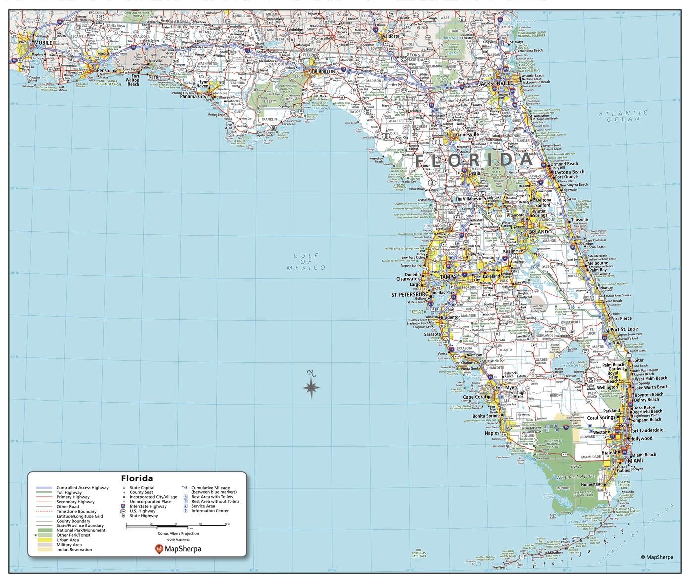MapSherpa: Florida State Wall Map - 24.5 x 29 inch Poster - Front Lamination