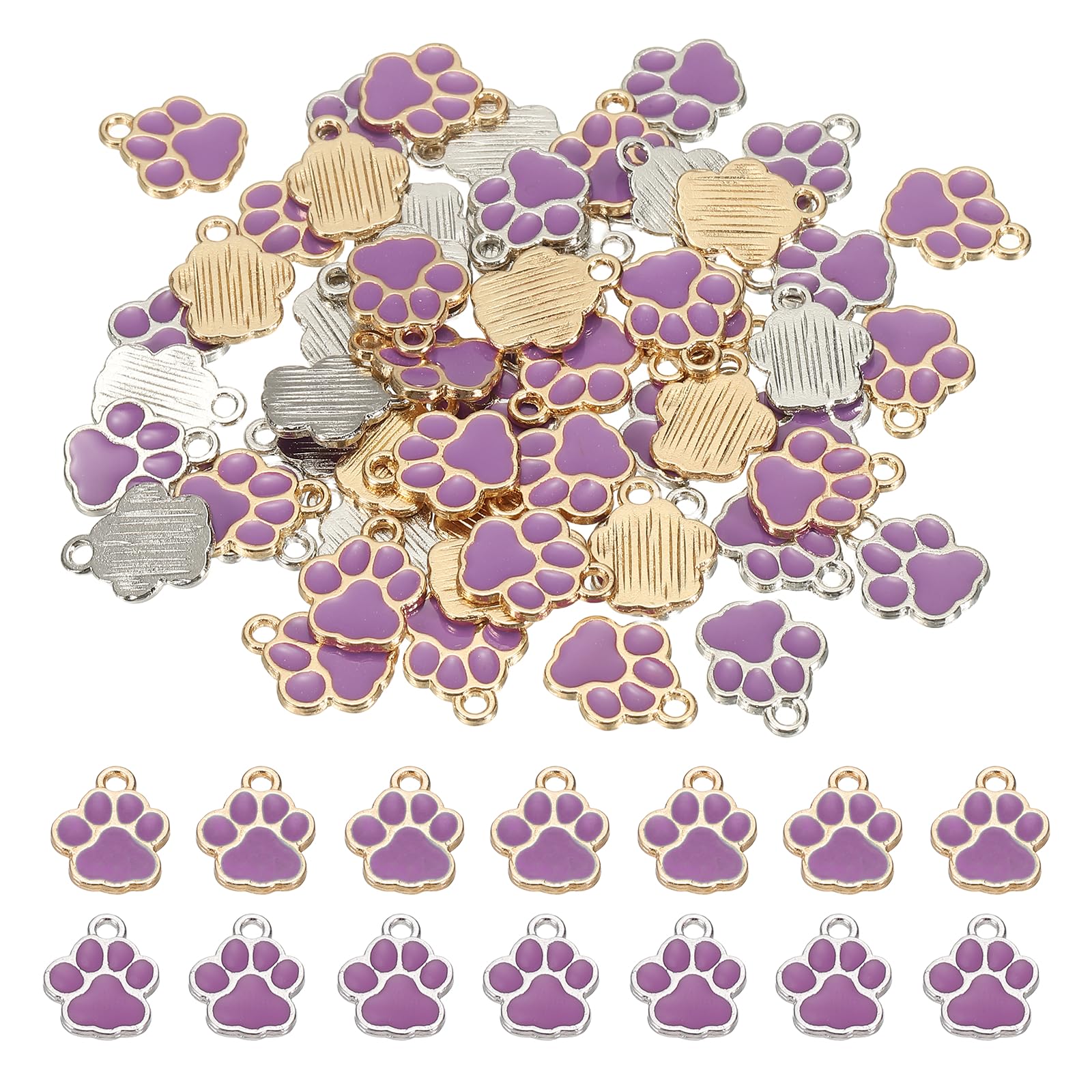 sourcing map 60Pcs Enamel Animal Paw Print Charms, 15x12mm Alloy Paw Pendant Keychain Charm Footprint Charms for Jewelry Making Necklace Bracelet Keychain DIY, Purple/Gold, Purple/Silver