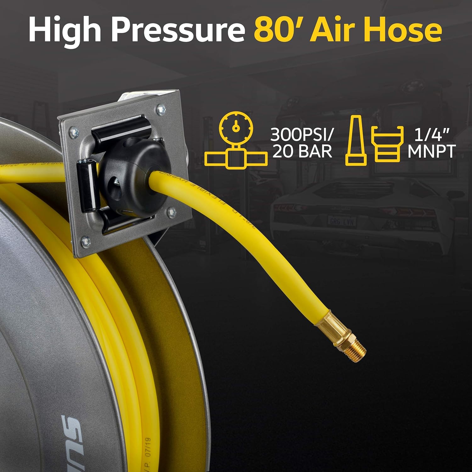 Holiday Deals 🛒 SuperHandy Air-Hose-Reel Retractable Longest Ever 3/8 Inch x 80' Feet Water Industrial Premium Commercial Flex Hybrid Polymer Hose Spring Driven Ultra Heavy Duty Steel Construction Indoor/Outdoor Use