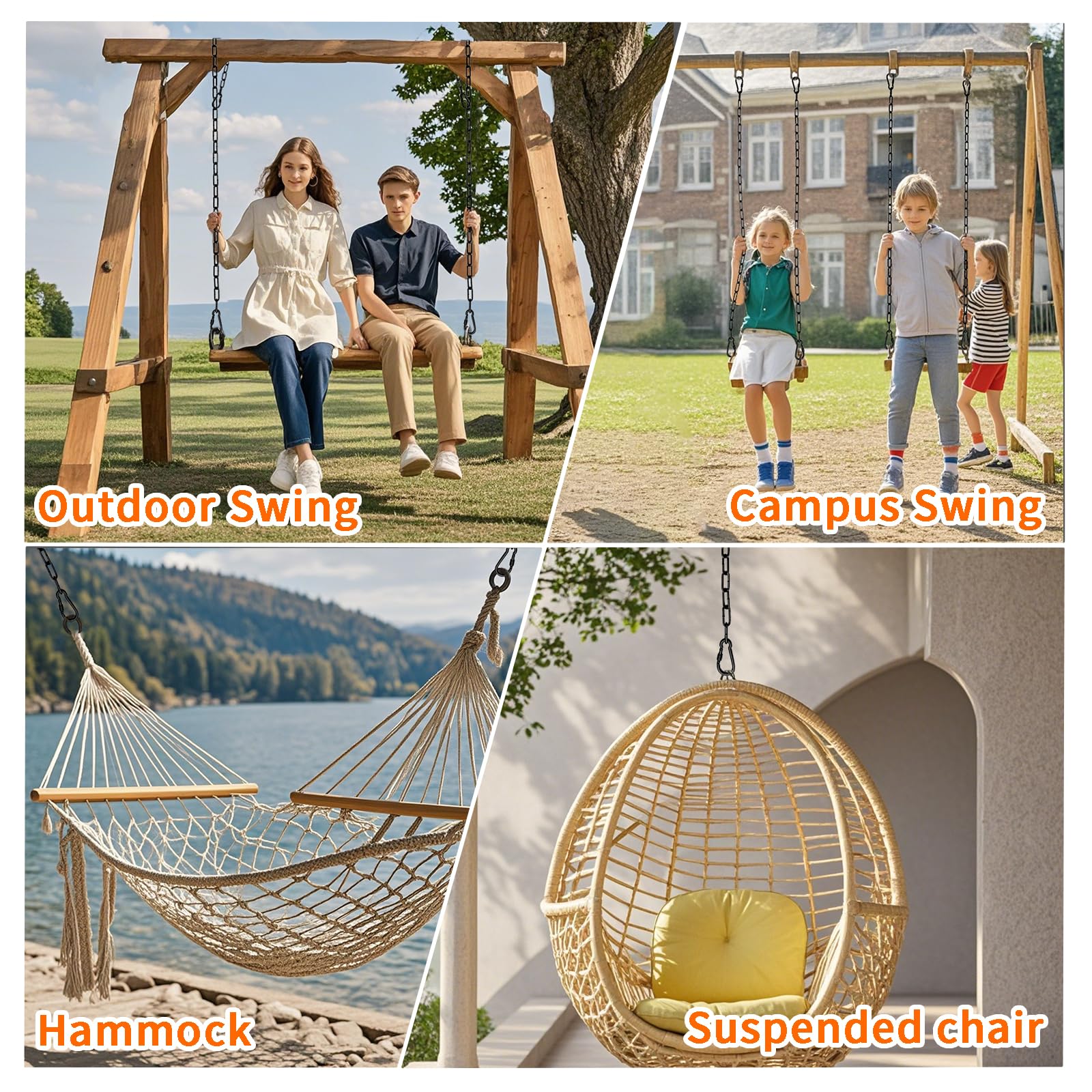 Lot de 2 chaînes de suspension robustes de 99,1 cm avec 4 mousquetons, capacité de 453,6 kg, chaîne de chaise suspendue pour hamac, balancelle, sac de frappe, sac de sable, intérieur et extérieur