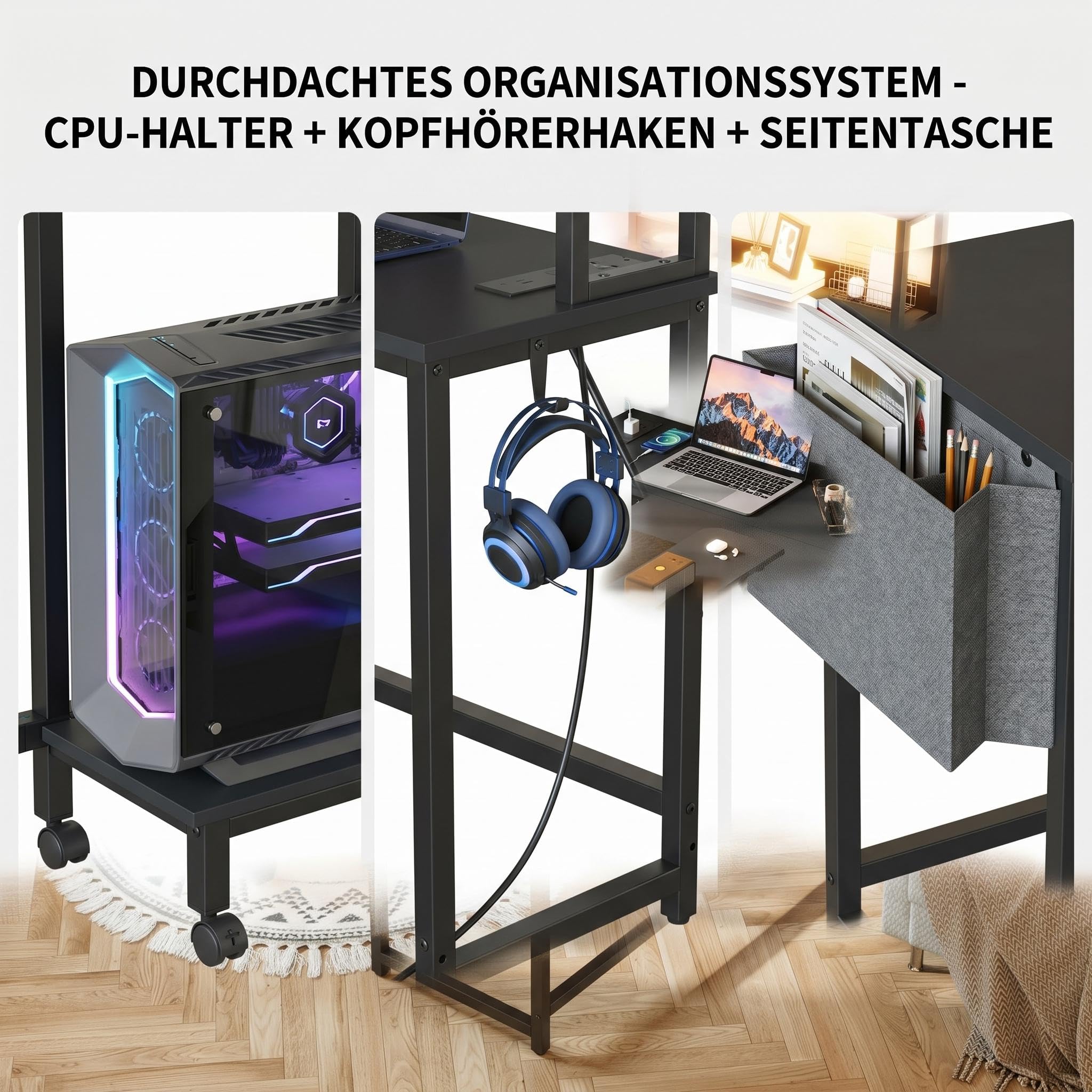 Garvee L-Förmiger Eckschreibtisch mit LED-Beleuchtung & Steckdosen,124 cm Computertisch mit 2-Stufigem Regal &Monitorständer,Gaming Schreibtisch mit CPU-Halter & Kopfhörerhaken für Home Office,Schwarz