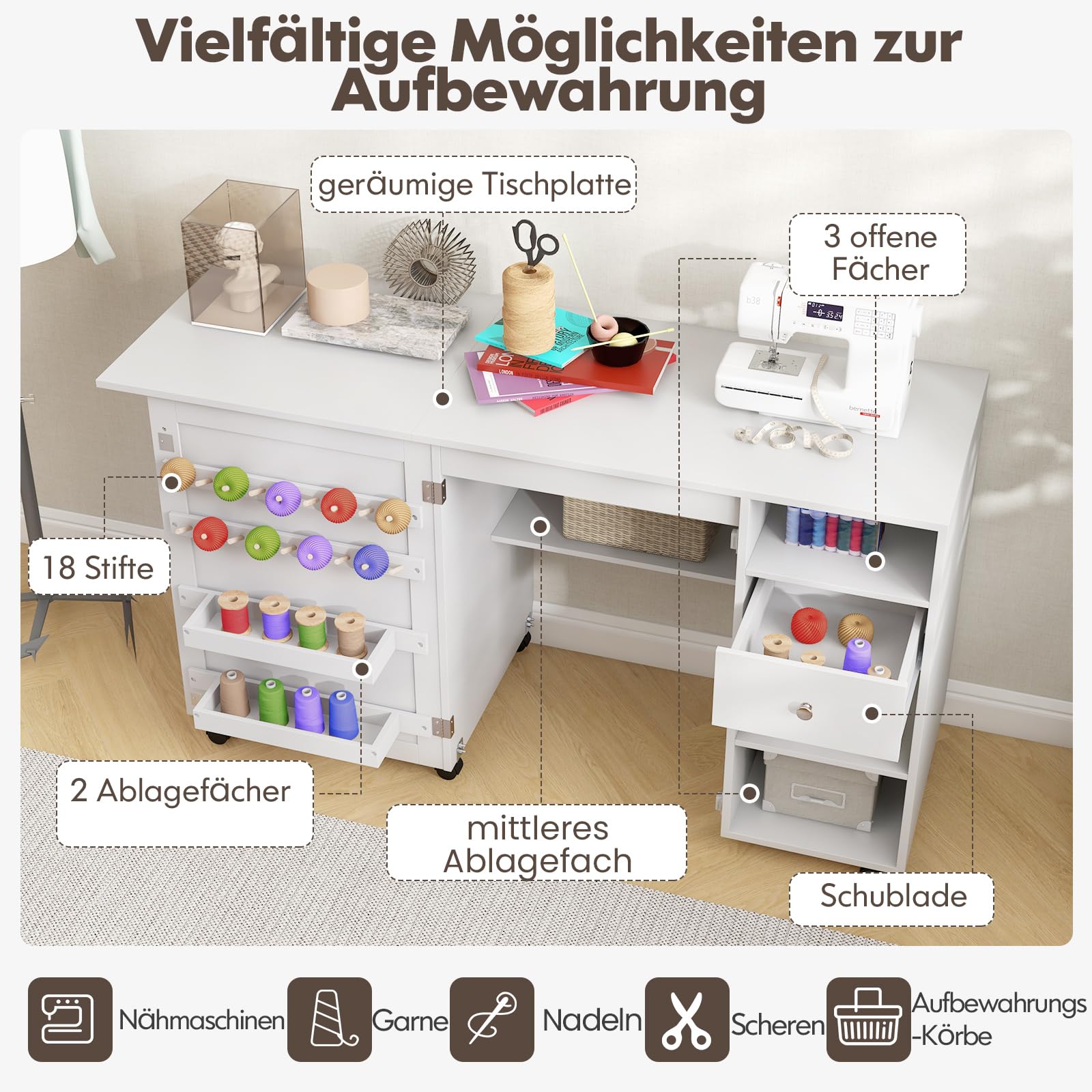 RELAX4LIFE Klappbarer Nähtisch, Mobile Handwerksstation mit Rollen, Nähmaschinentisch mit Stiften, Ablagen, Regalen & Schublade, Nähmaschinenschrank Zuhause für handwerkliche Projekte, Weiß