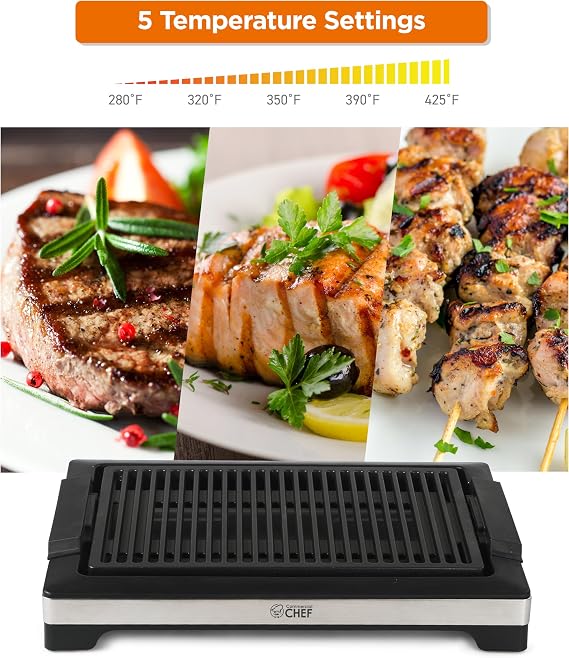 COMMERCIAL CHEF Indoor Grill for Tabletop, Countertop or Kitchen, 1600W Electric Grill with Adjustable Temperature Control, Stainless Steel and Black Portable Grill for Indoor Use