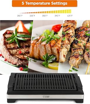 COMMERCIAL CHEF Indoor Grill for Tabletop, Countertop or Kitchen, 1600W Electric Grill with Adjustable Temperature Control, Stainless Steel and Black Portable Grill for Indoor Use