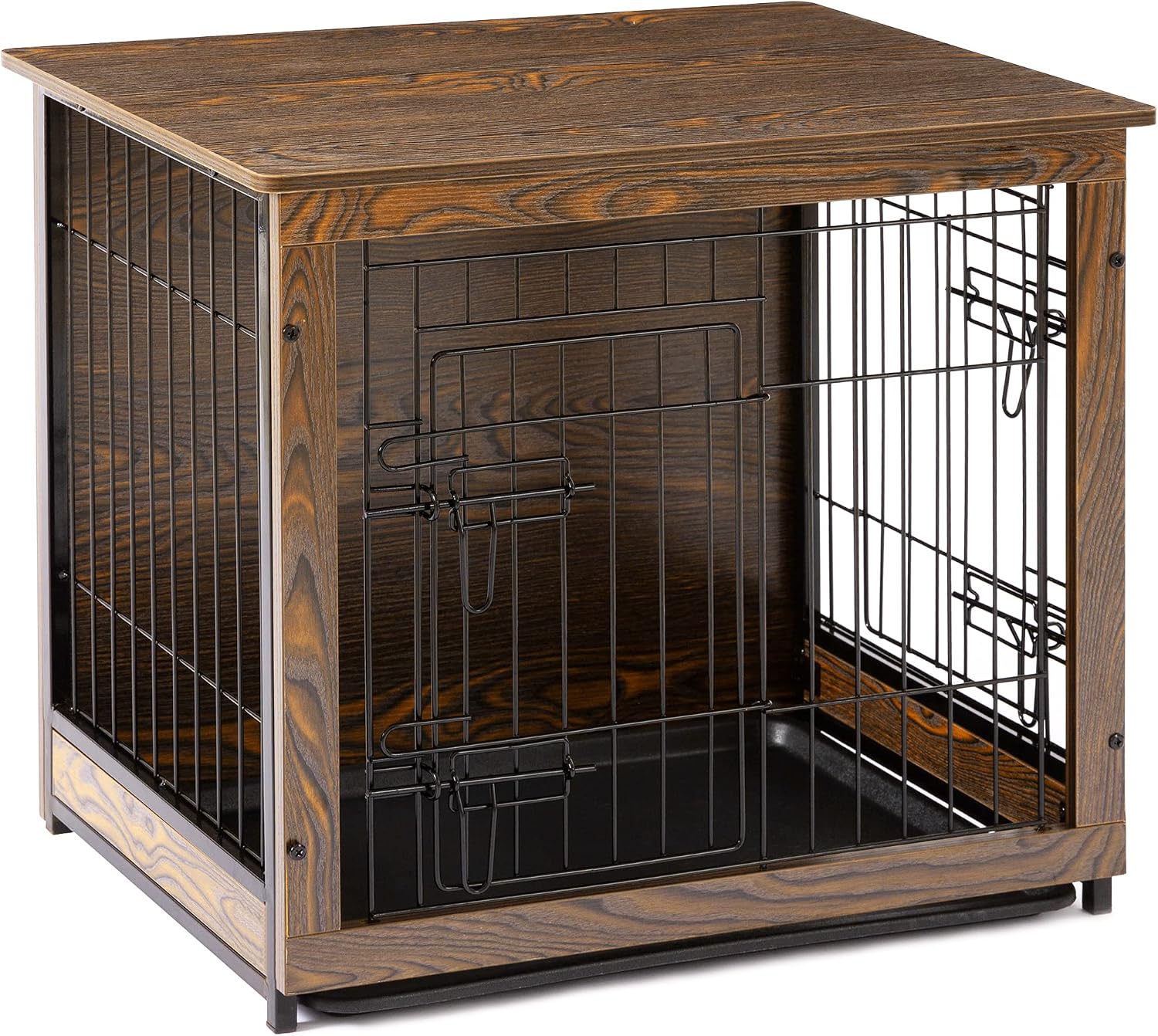 Megidok Wooden Dog Crate Furniture End Table for Small Dogs, Double Doors Dog Crate with Slide Tray, Dog Kennels Indoor, Easy…