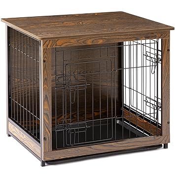 Megidok Wooden Dog Crate Furniture End Table for Small Dogs, Double Doors Dog Crate with Slide Tray, Dog Kennels Indoor, Easy Installation, with ?Detachable Top Cover - Rustic Style - 27*19*24 in