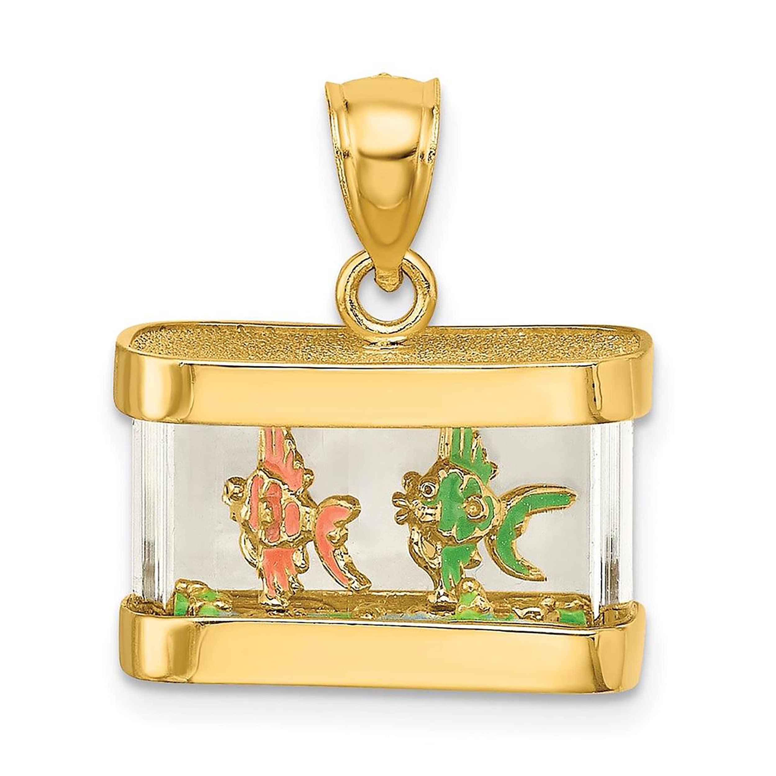 14K Yellow Gold 3-D Moveable Enamel Fish Aquarium Charm Necklace Pendant with 18