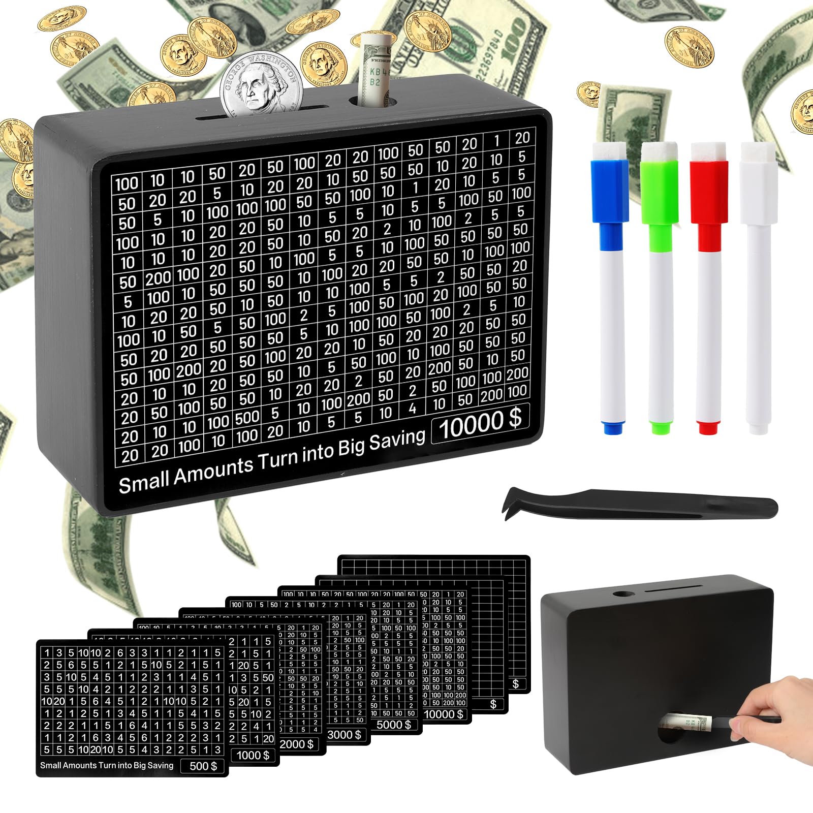 Cash Vault Wooden Savings Box, Piggy Bank for Adults Kids with 8 Saving Targets 500-10000 Challenge Box Money Saving Goals, Black One Piece Coin Cash Saver Storage Case Bank No Install Required