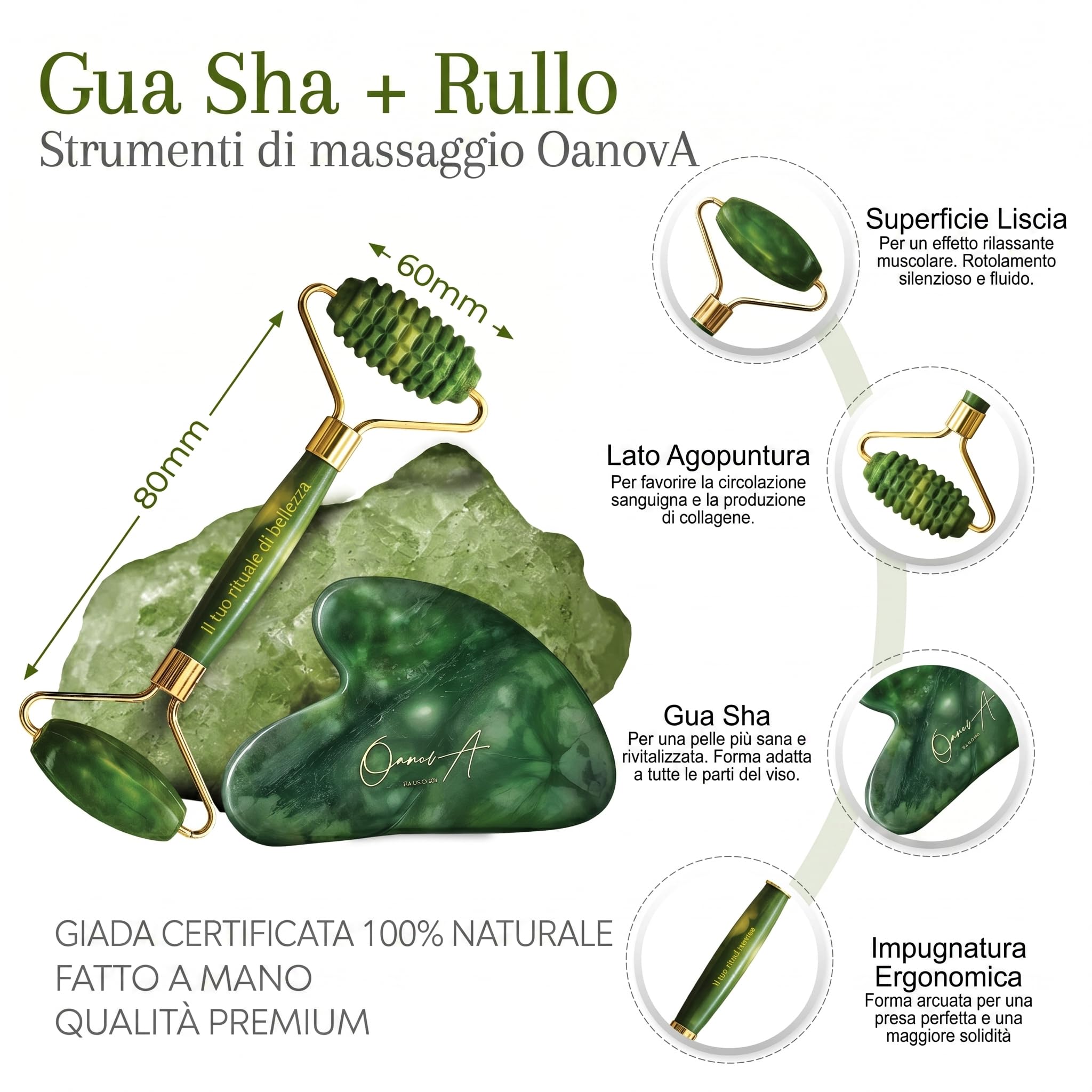 Kit Gua Sha per Viso e Corpo & Roller | Pietra Di Giada Verde | Massaggio Antirughe & Drenaggio Linfatico | Lifting Mento Doppio | Guasha | Maderotherapy | Gasha | Raffinare Shaper del Viso [OanovA]