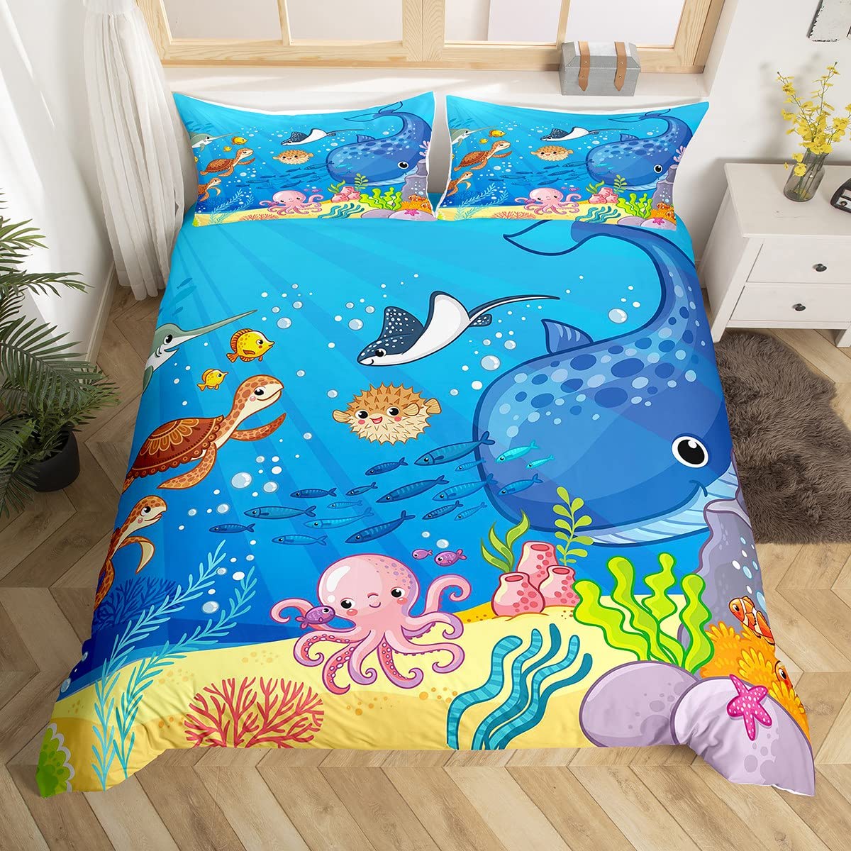 Animals Duvet Cover King Size,Shark Octopus Turtle Coral Comforter Cover for Kids Teens Adults Bedroom Decor,Underwater World Cartoon Sea Comfortable Bedding Set 2 Pillowcases,No Comforter