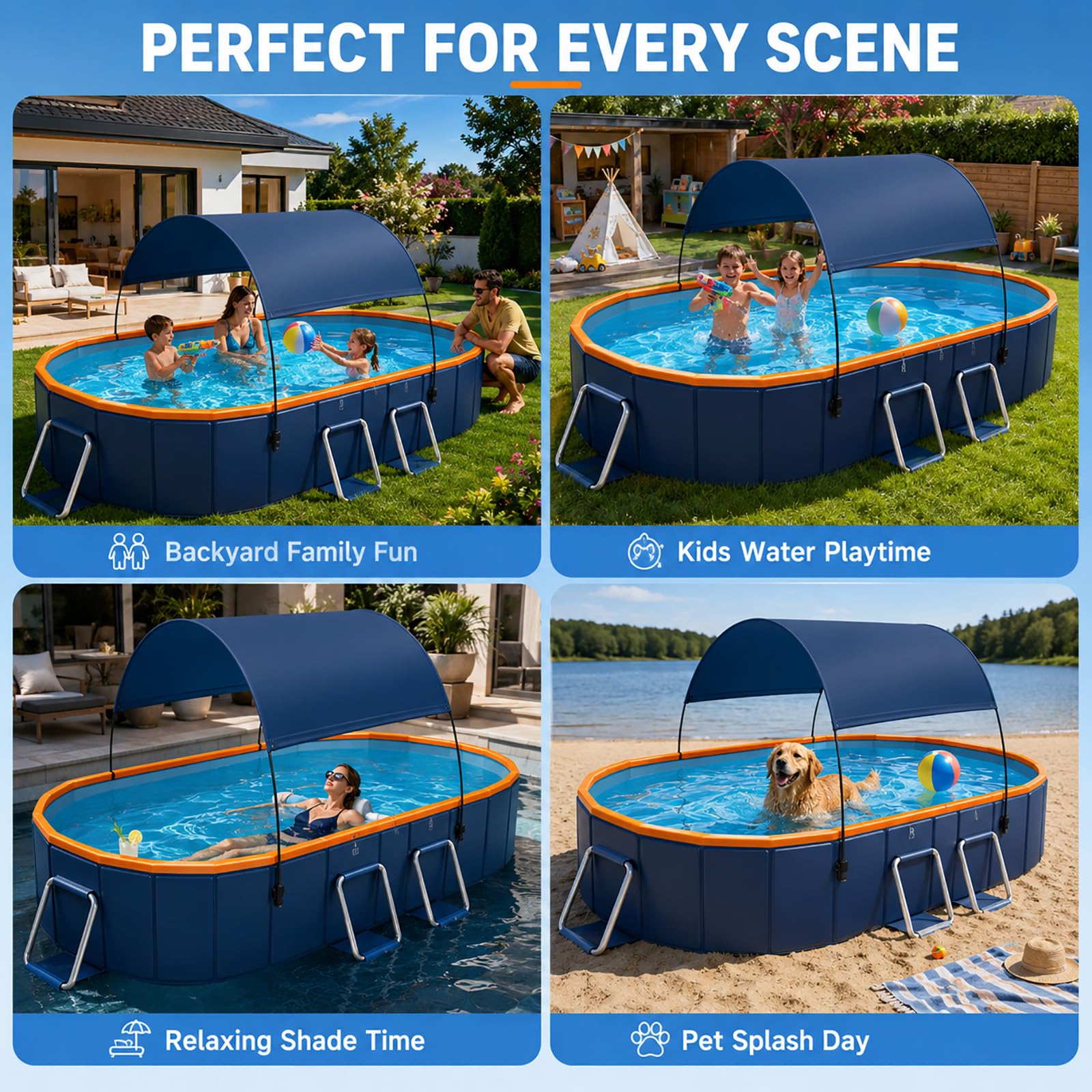 Grande Piscina Fuori Terra Rettangolare con Tettuccio Familiare | Piscina da Giardino Esterna con Parasole e Pareti Resistenti Estive(3m/118in)