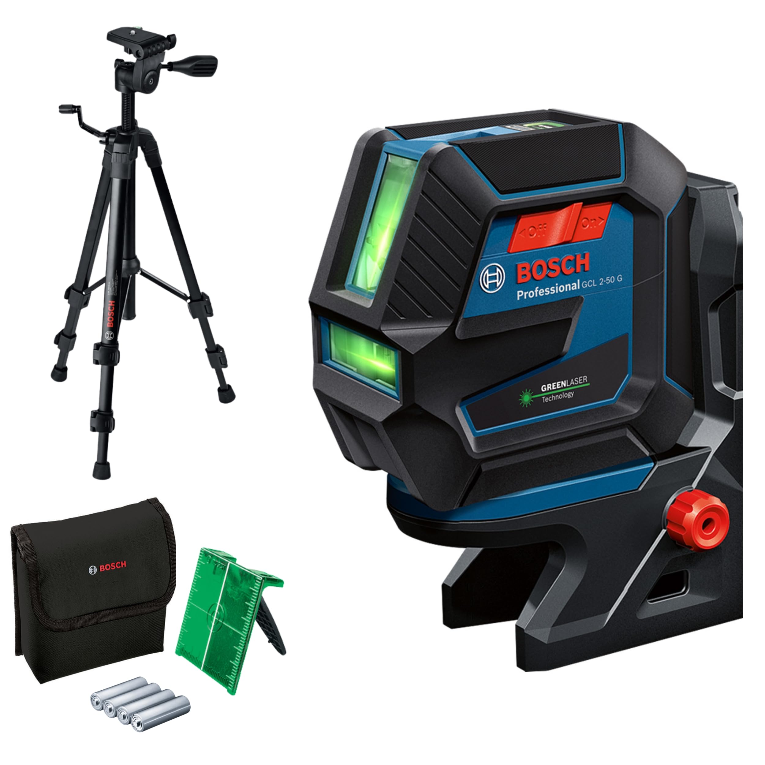 Bosch Professional Niveau Laser GCL 2-​50 G (faisceau vert, d'intérieur, support RM 10, trépied BT 150, portée visible : jusqu'à 15 m, 4x piles AA, dans une boîte en carton)