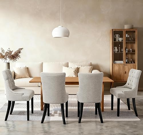 Miniatura 4 de Juego de 2 sillas de mesa grises para comedor, sillas auxiliares de cocina, modernas y elegantes sillas de tela con botones y ribete de cabeza de