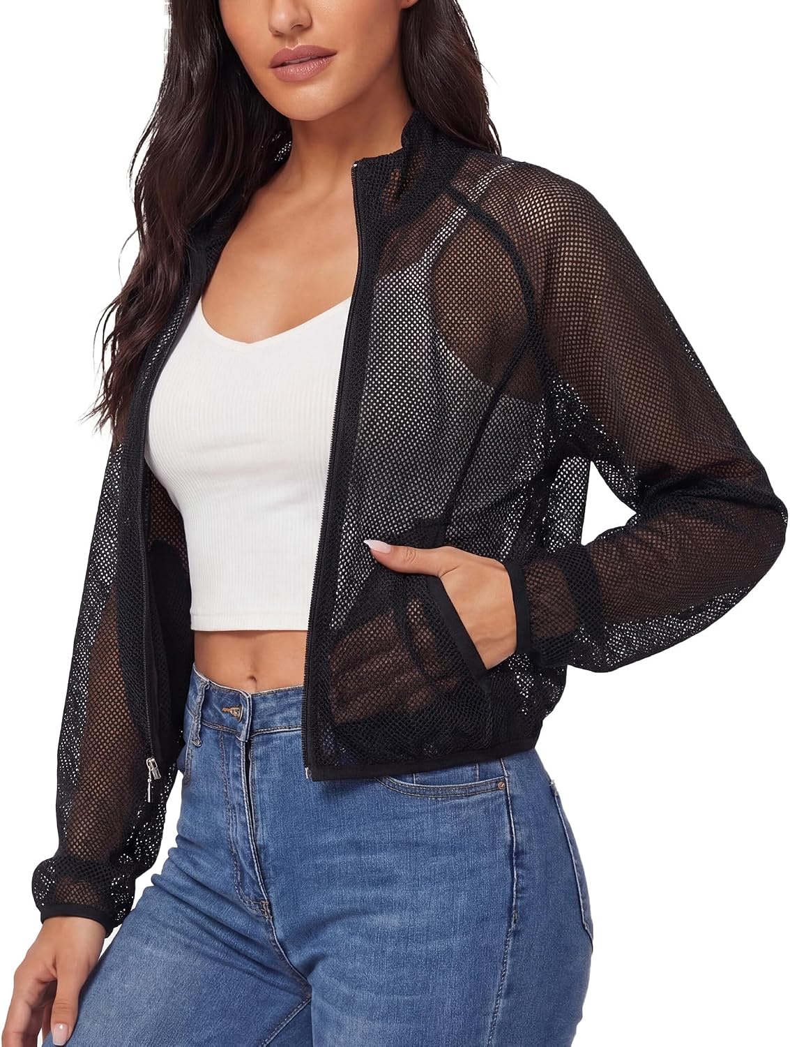 FEOYA Women's Mesh Jacket Cropped High Waisted Lightweight See Through Zip Up Workout Jacket Yoga Cover Up Casual Outerwear