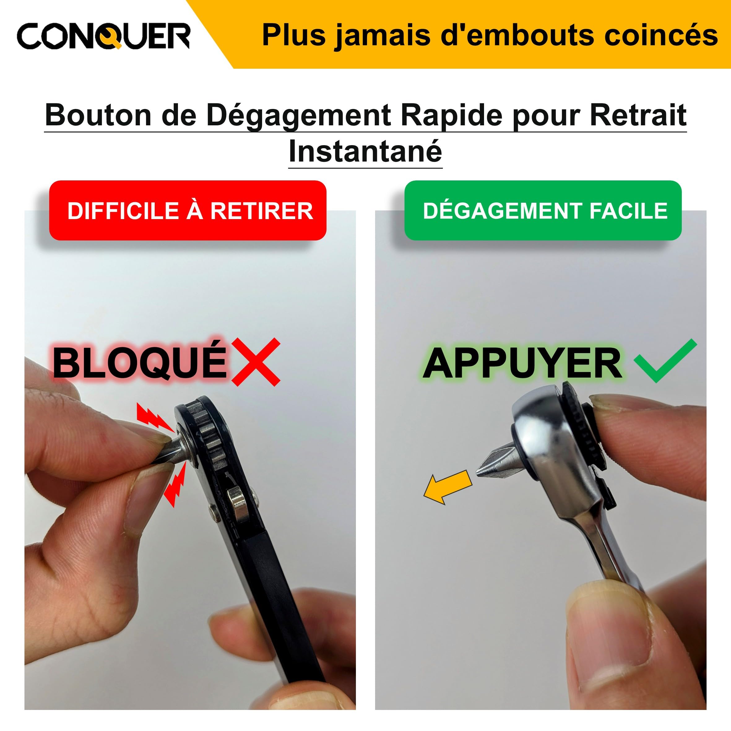 CONQUER Clé à Cliquet 1/4" Mini, Tête Double Ultra-Basse Profil, Résistance au Retour Ultra-Faible 72 Dents 5°, Outil Compact Mécanicien pour Espaces Moteur Étroits, Douilles et Embouts Hex EDC