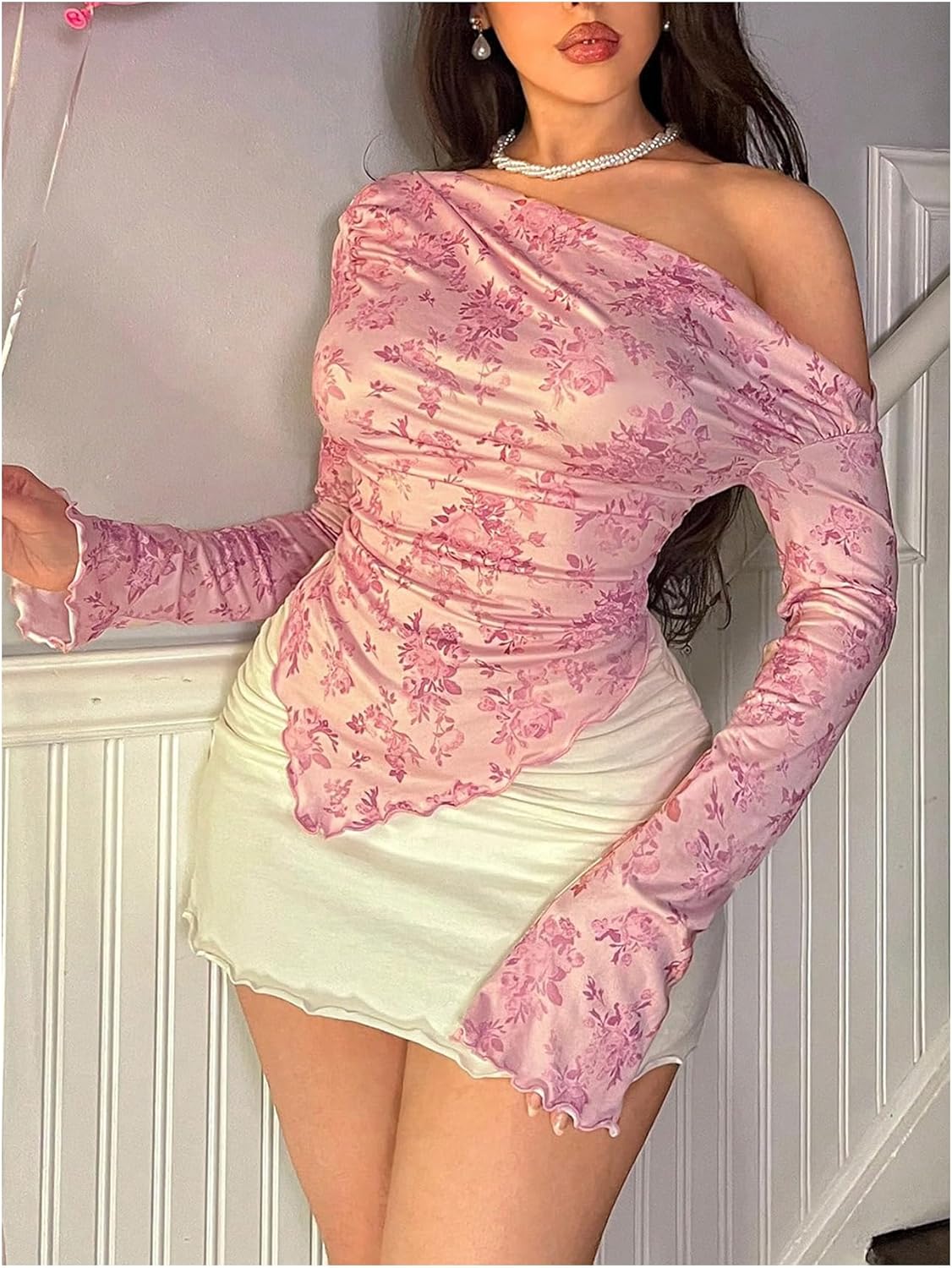 Women's Off Shoulder Tie Dye Mesh T Shirt Long Sleeve Asymmetrical Hem Ruched Fitted Tee Tops - Image 4