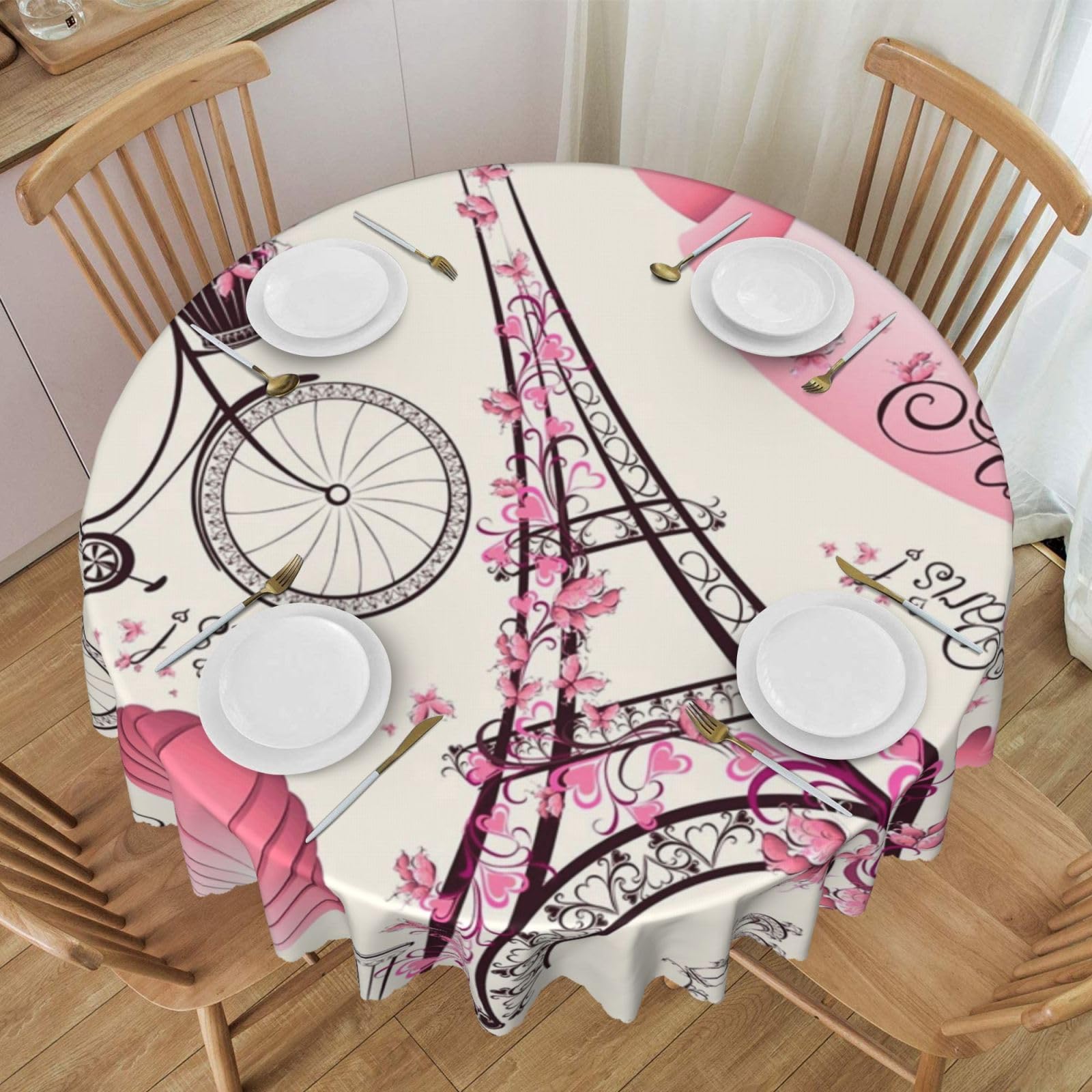 DCEHGEW 60 In Round Tablecloth with Lace, Romantic Paris Eiffel Tower Bycicle Printed Oilproof & Washable Fabric Picnic Table Cloth Table Covers