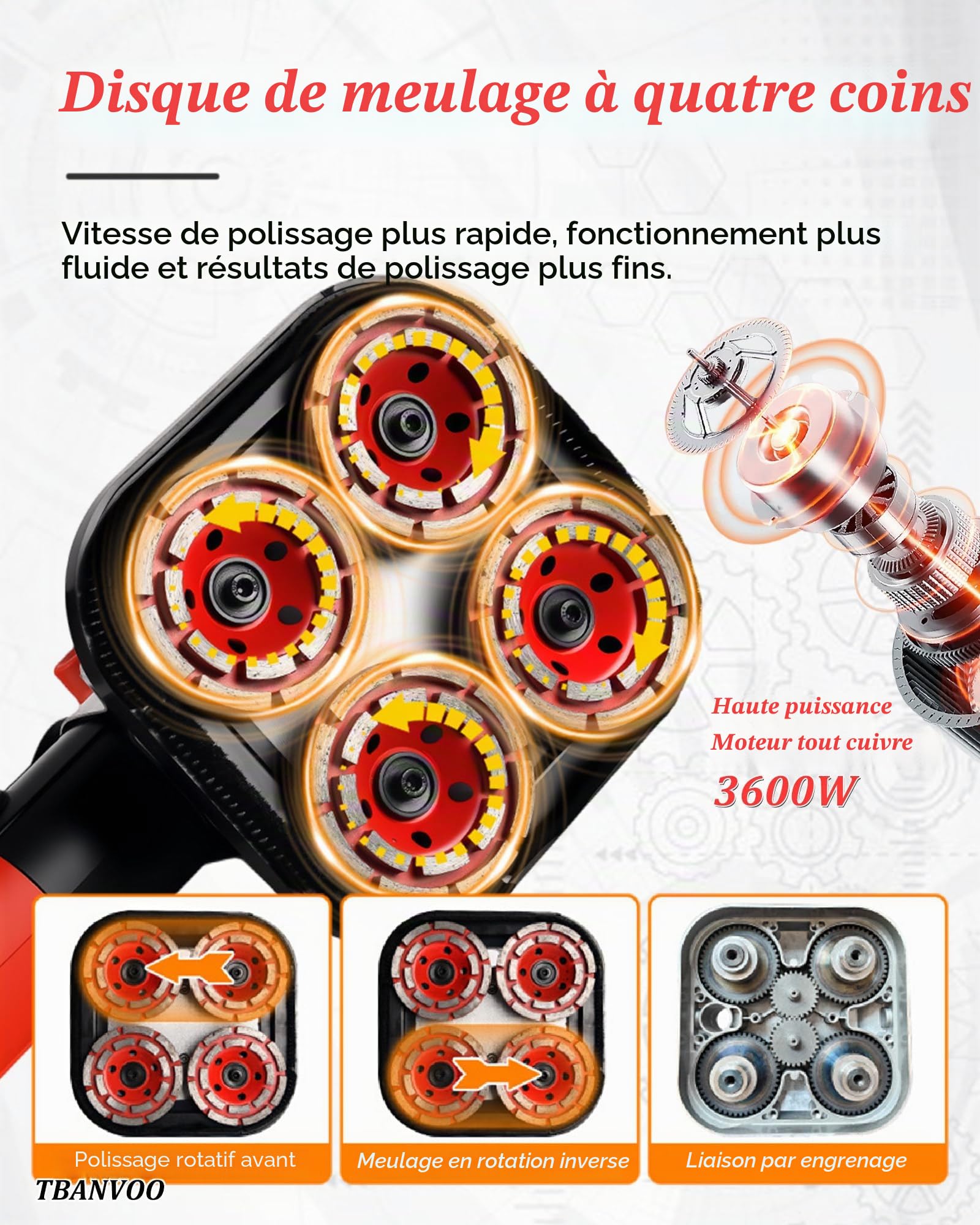 Machine à Ponceuse et Polisseuse de Sol 3600W : 6 Vitesses Réglables, Tête à Quatre Axes, avec Bague Aspirante, Poignée Auxiliaire et Meule Diamant pour Béton, Ciment et Marbre ExtensionRod