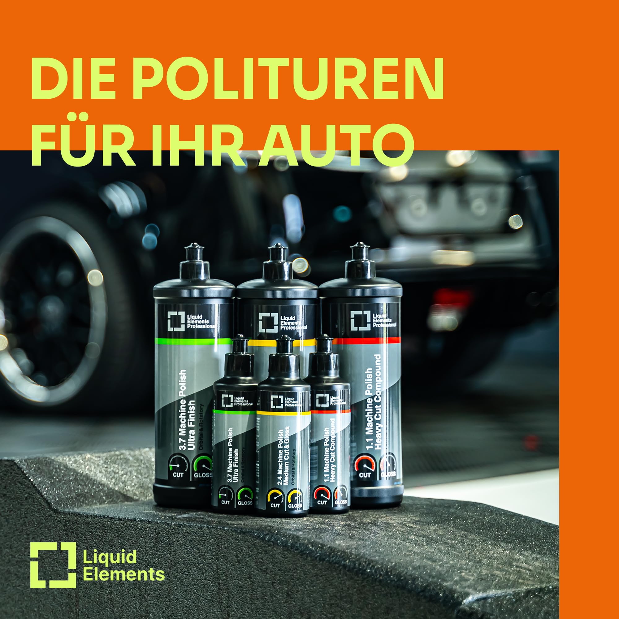 Liquid Elements Autopolitur-Set Heavy, Medium Cut & Ultra Finish 1L | Feine Polierpaste für Autolacke mit Kratzern, minimal abrasiv & silikonfrei, ideal für alle Poliermaschinen