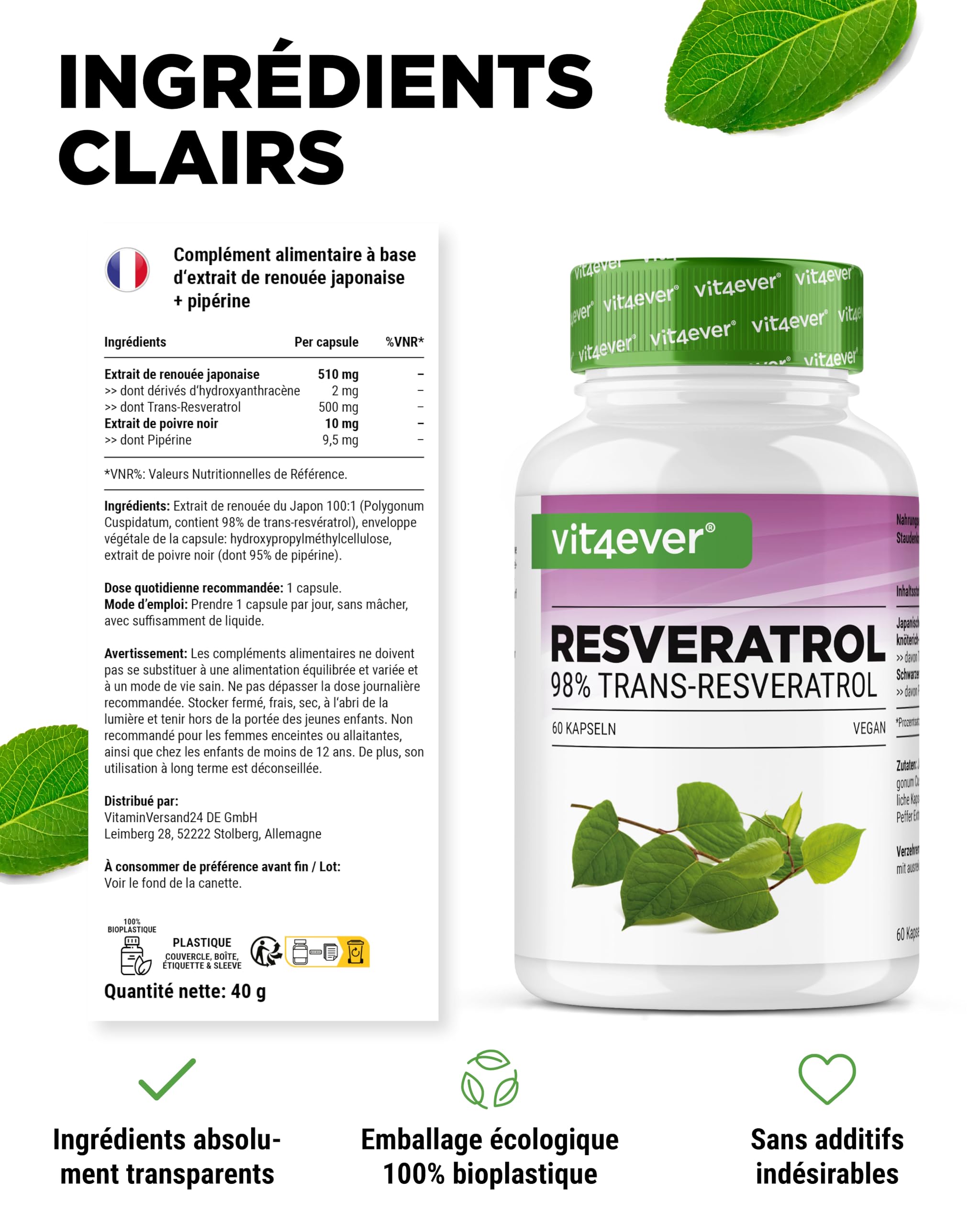 Resvératrol - 520 mg par Gélule - 98% Trans-Resvératrol de l'Extrait de Racine de Renouée du Japon 100:1 + Pipérine pour une Biodisponibilité Optimisée - 60 Gélules - Hautement Dosé - Vegan