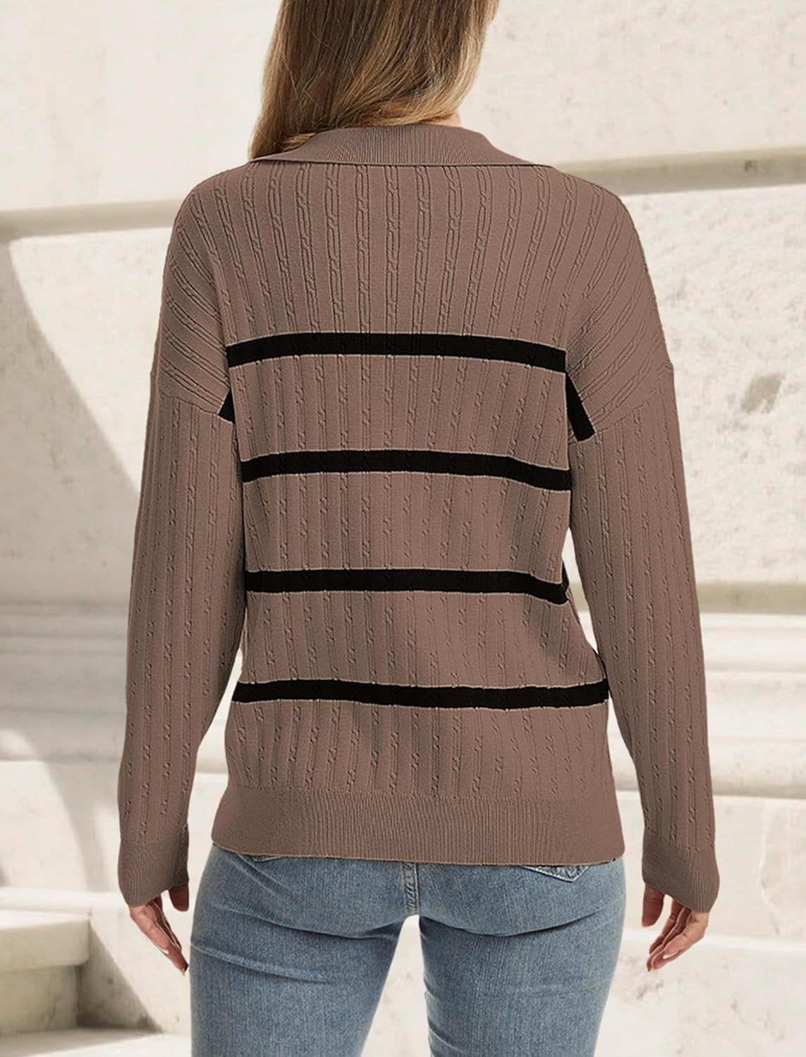 Women's V Neck Sweaters Casual Long Sleeve Knitted Pullover Tops Striped Light Weight Shirts Fall Fashion Outfits - Image 3