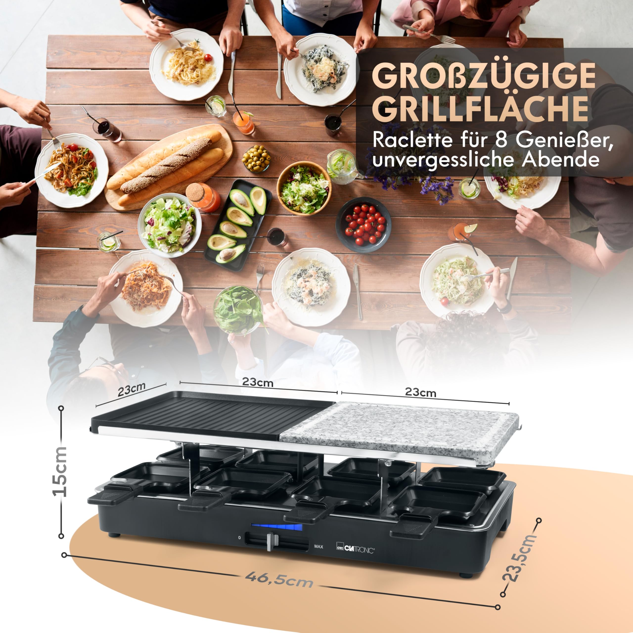 Clatronic RG 3518 - Raclette grill con piedra natural y placa reversible, 8 personas, 1400 W, color negro