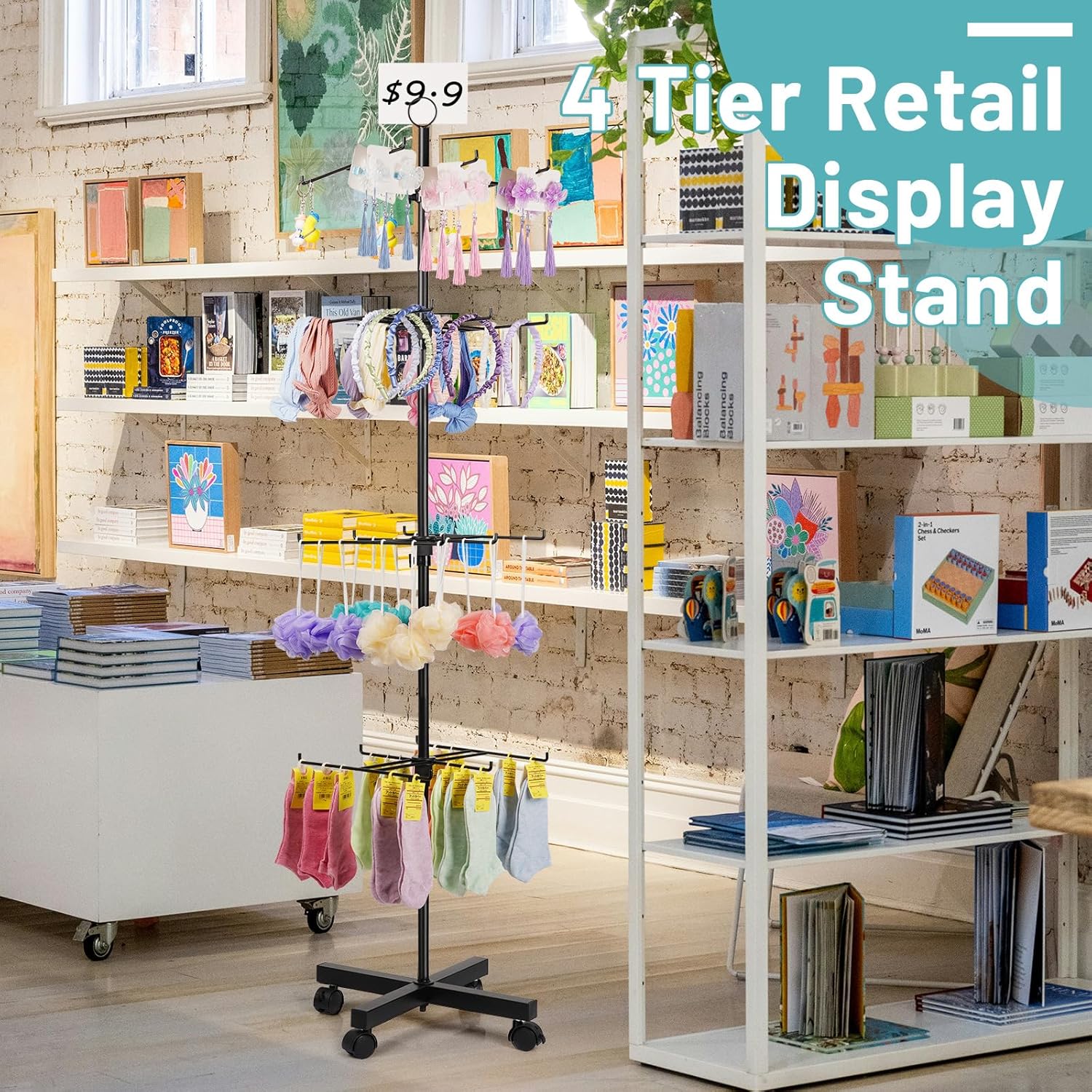 Retail Display Stand Rotating Display Stand 4 Tier Spinning Display Stand for Craft Shows, Jewelry, Keychain, Earring Adjustable Height Retail Display Racks (Black) - Image 6