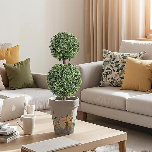 Miniatura 4 de momoplant Árboles artificiales de doble bola topiaria con pico de tierra de 27 pulgadas para exterioresinteriores (paquete de 2) plantas de boj
