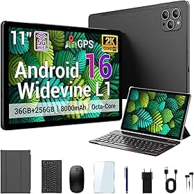 Tablet grande de armazenamento 2026 11 polegadas Android 16, 256GB ROM 36GB RAM (1TB TF), 2K IPS, (2000x1200) Widevine L1, T615 8-Core, 8000mAh, 8+13MP, 5G/2.4G WiFi com capa de teclado