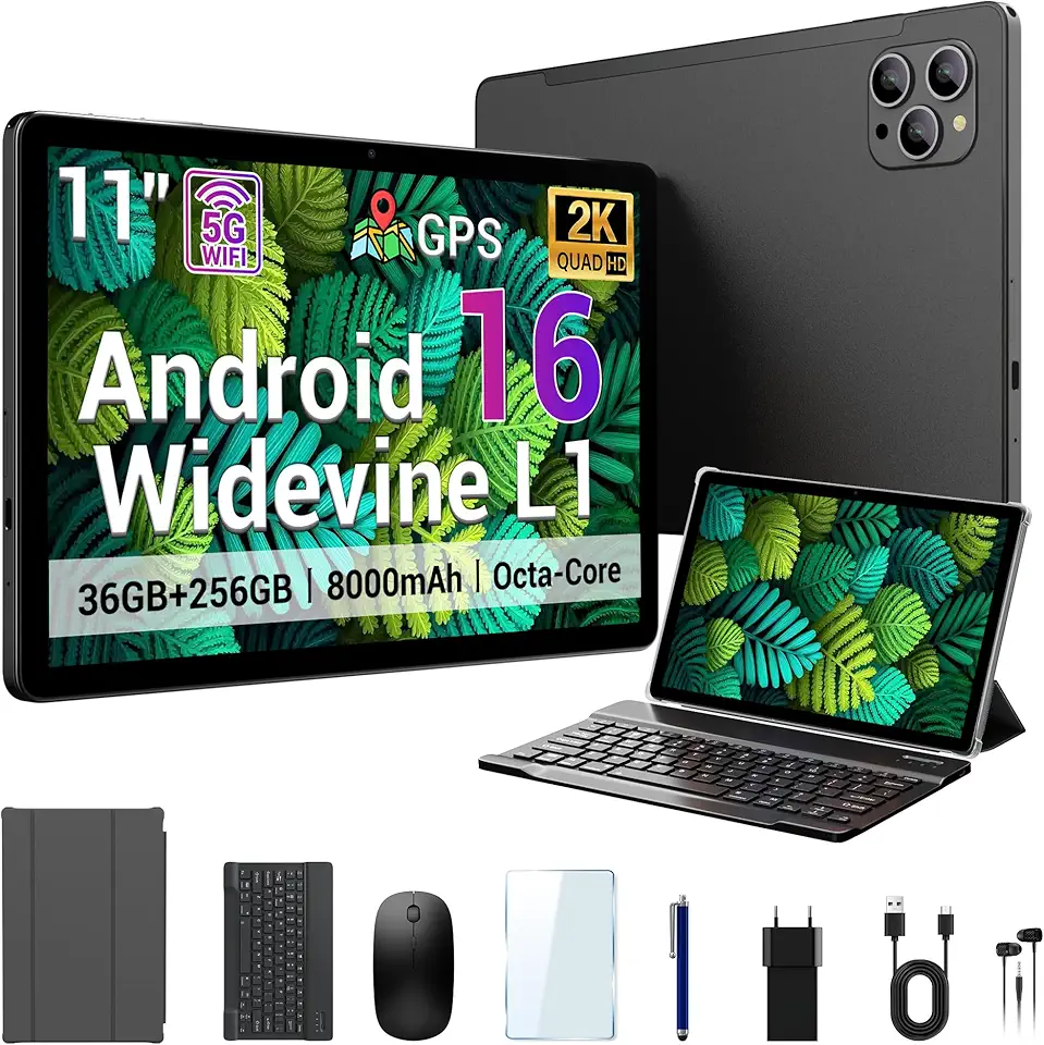 Tablet grande de armazenamento 2026 11 polegadas Android 16, 256GB ROM 36GB RAM (1TB TF), 2K IPS, (2000x1200) Widevine L1, T615 8-Core, 8000mAh, 8+13MP, 5G/2.4G WiFi com capa de teclado
