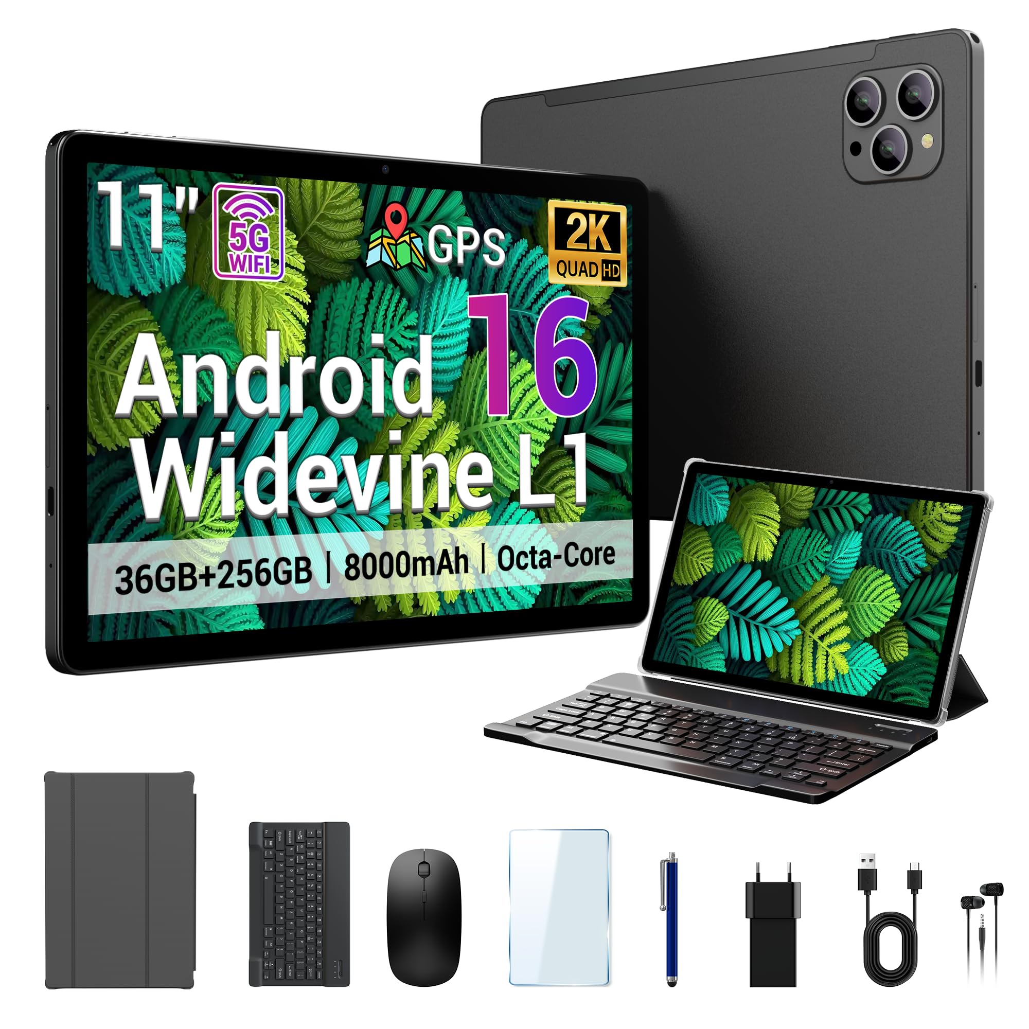 2026 11 Inch Android 16 Tablet Large Storage Tablet,256GB ROM 36GB RAM (1TB TF),2K IPS,(2000x1200) Widevine L1,T615 8-Core,8000mAh,8+13MP,5G/2.4G WiFi with Keyboard Case Stylus- Black