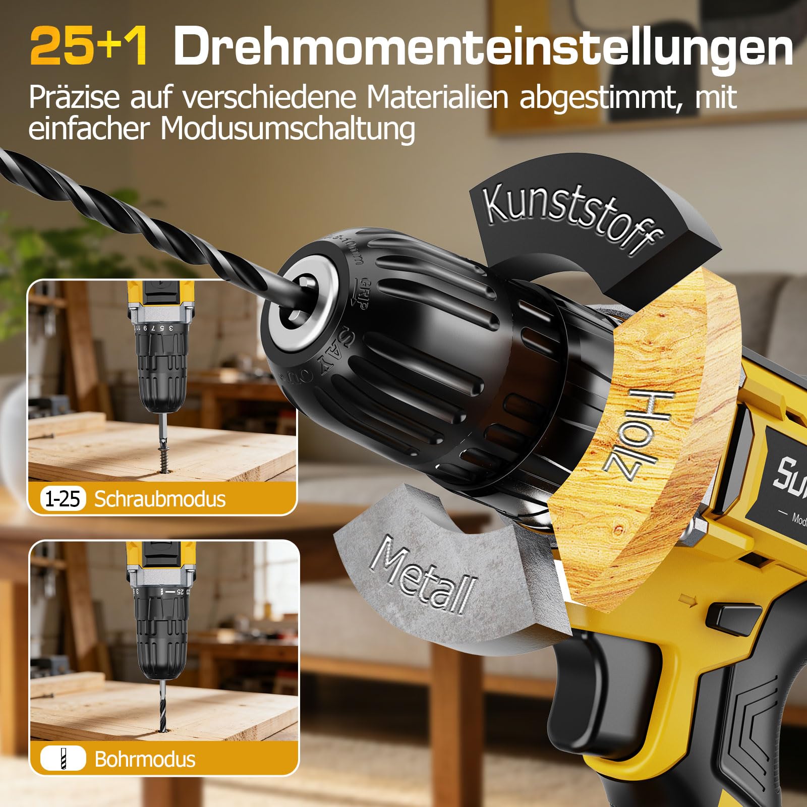 Destornillador inalámbrico con batería de 2000 mAh, 21 V, 45 Nm, taladro inalámbrico con 2 marchas, 25 + 1 niveles de par de giro, portabrocas de 10 mm, luz LED para reparación y bricolaje