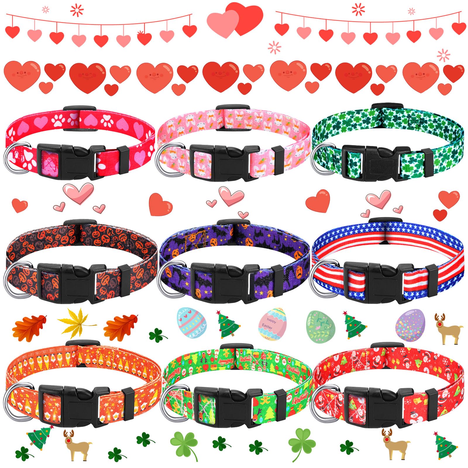 Buryeah 9 Pcs Holiday Dog Collars Valentine St. Patrick's Day Dog Collars Adjustable Plastic Pet Buckle for Puppy(Large)
