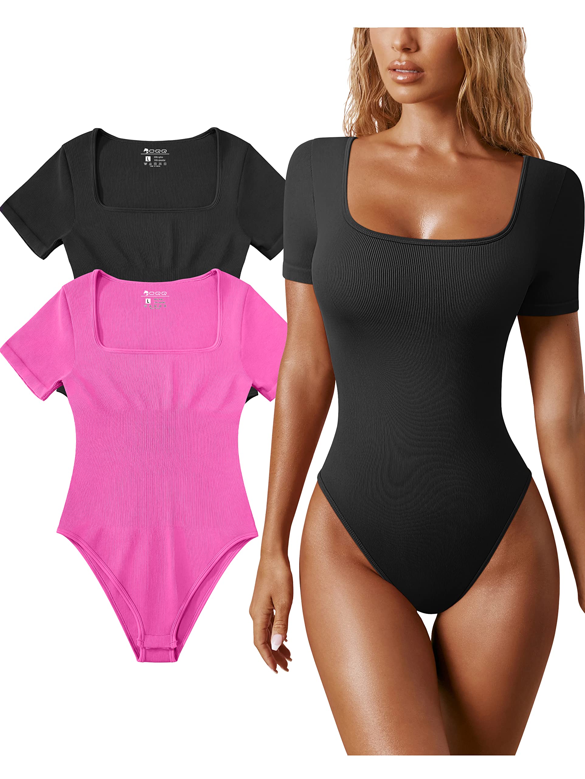 OQQ Women's 2 Piece Bodysuits Sexy Ribbed One Piece Square Neck Short Sleeve Bodysuits