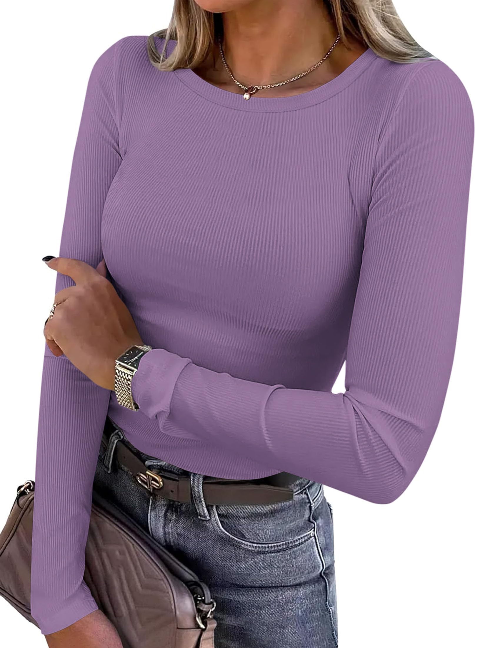 PRETTYGARDEN Women 2026 Spring Clothes Long Sleeve Shirt Ribbed Knit Fitted Basic Tee Going Out Tops Underscrub Casual Outfit