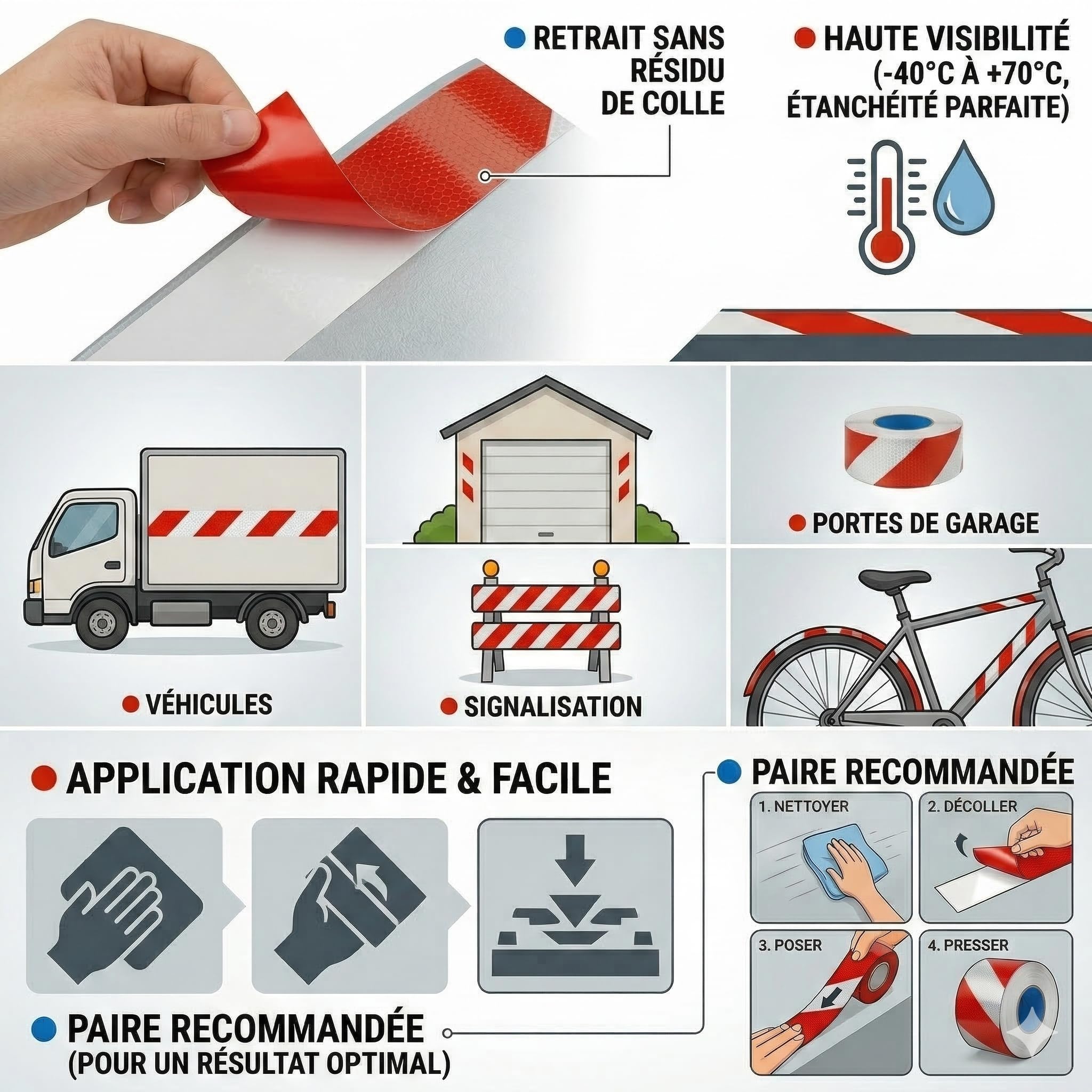 Bande Réfléchissante Autocollante 10cm x 25m Rouge et Blanc – Ruban Réfléchissant Haute Visibilité PET Imperméable – Sécurité Véhicule, Camion, Porte Garage, Signalisation