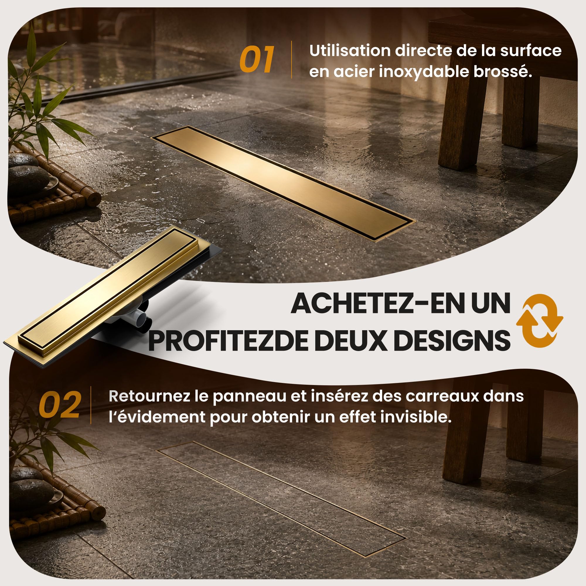 Caniveau Douche Italienne Doré 50 cm | Carrelable avec 360°Siphon Anti-Odeurs, Filtre à Cheveux et Design Sans Seuil pour Douche Italienne,Acier Inoxydable AISI 304