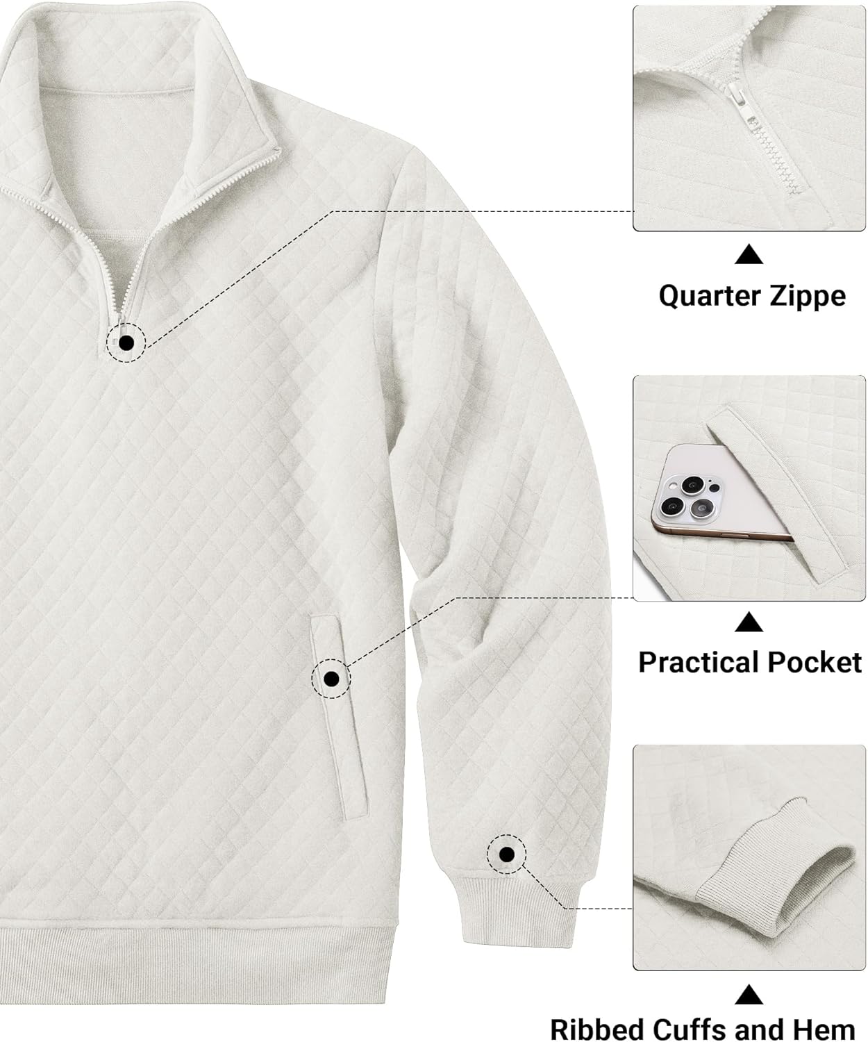 COOFANDY Mens Quarter Zip Pullover Quilted Sweatshirt Knit Long Sleeve Mock Neck Sweater Polo with Pocket - Image 5