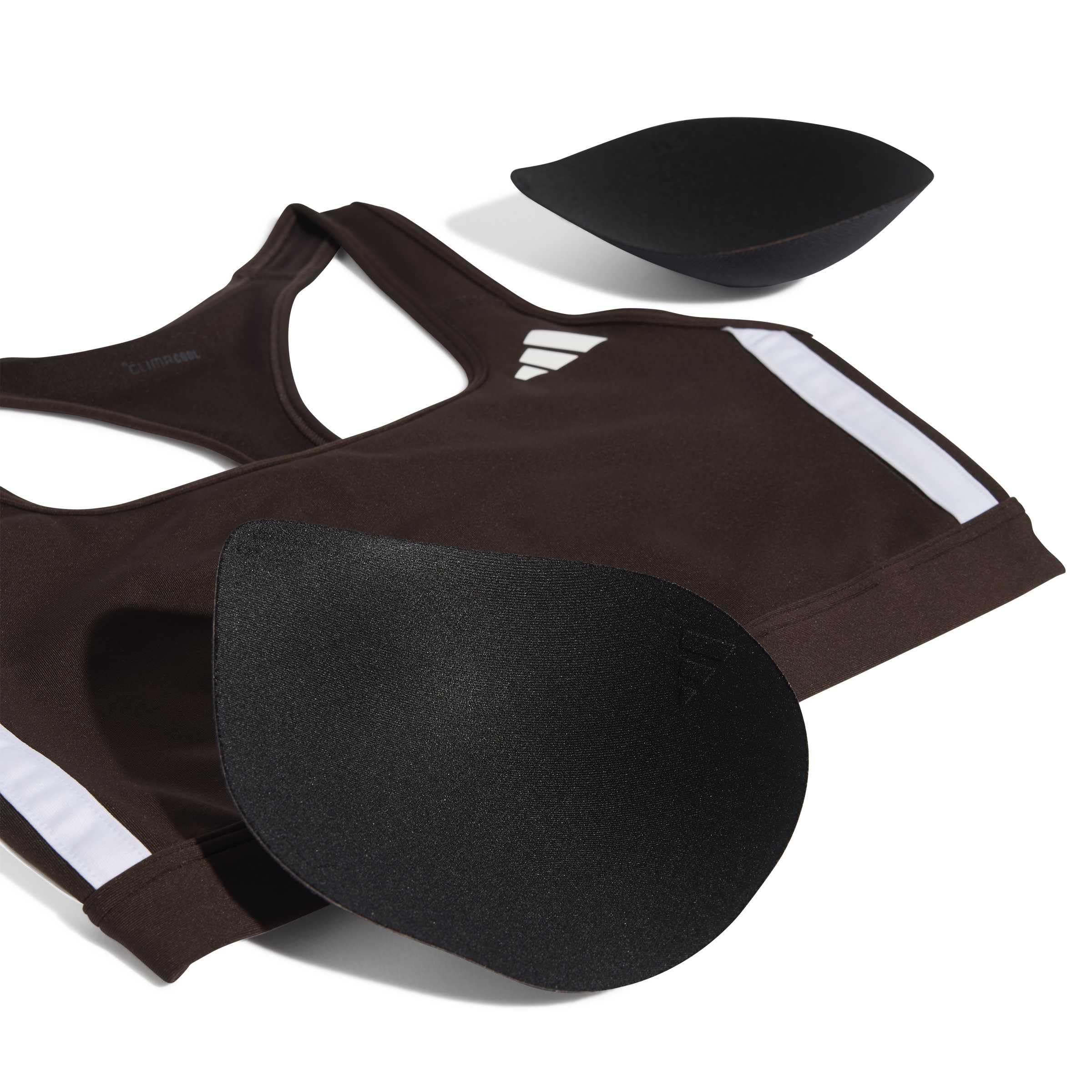 adidas dames Optime Essentials Workout 3-Stripes Medium Support Bra, Aurora Coffee Met./white, S