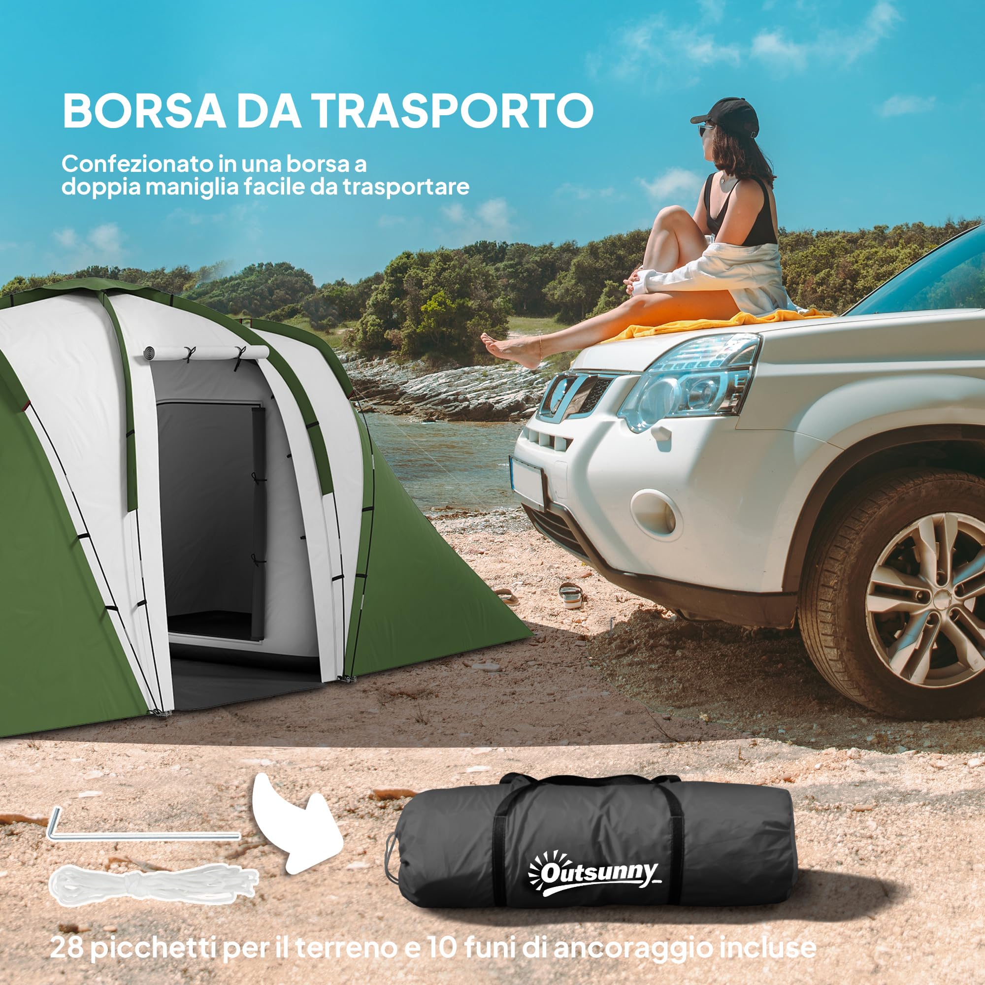 Outsunny Tenda da Campeggio 4-6 Persone con 2 Camere e Zona Soggiorno, Tenda da Esterno a 2 Porte, Resistente all'acqua e ai Raggi UV, con Borsa da Trasporto, 555x225x190 cm, Grigio e Verde