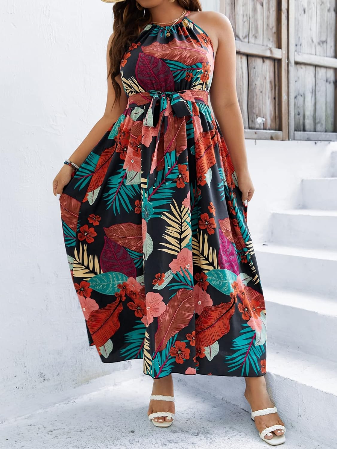 Floerns Women's Plus Size Boho Sleeveless Halter Neck Tie Back A Line Long Dress - Image 5