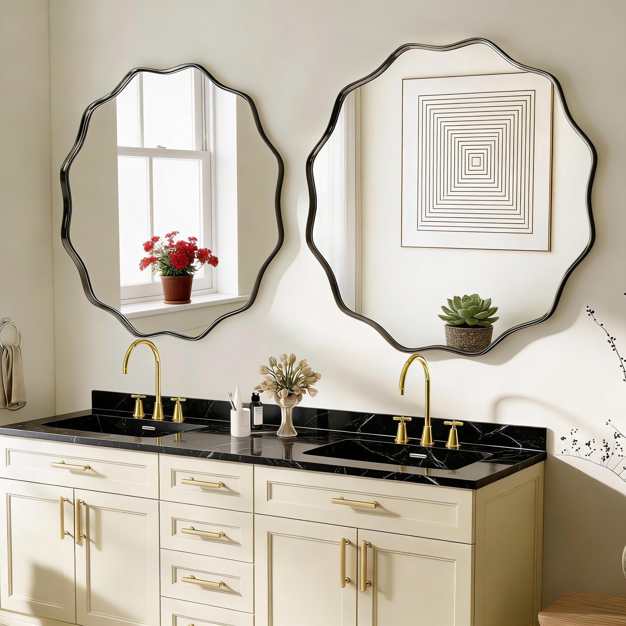 Espejo Redondo Grande 90cm | Borde Ondulado con Marco de Metal Texturizado | para Colgar o Colocar en la Pared | Ideal para Baño, Entrada, Sala de Estar | Diseño Elegante y Original