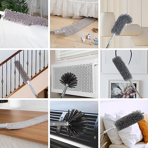 Miniatura 7 de Plumero de microfibra mejorado, 4 cabezales de limpieza de polvo, plumero de telaraña reutilizable con poste de extensión extra largo de grado de 79