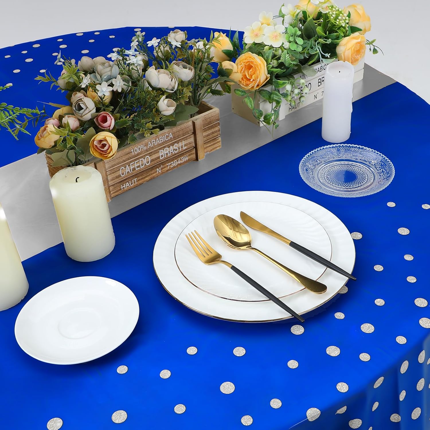 Newwiee 84 Inch Polka Dot Round Disposable Tablecloths Plastic Tablecover Plastic Tablecloth with Runner Printed for Prom Graduation Wedding Spring Birthday Party(Blue, Silver,6 Pcs)
