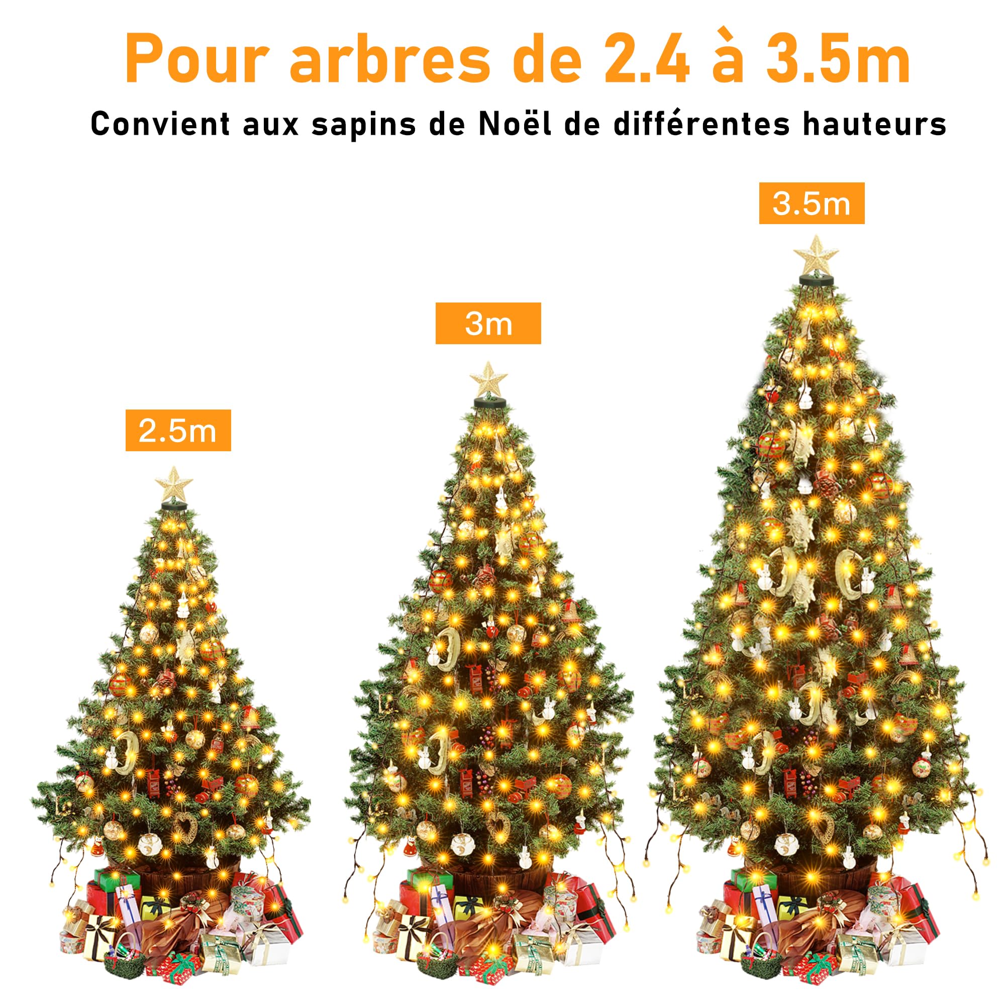 HeiPard Guirlande lumineuse pour sapin de Noël avec anneau, 3m 360 LED, 12 fils, minuterie, 8 modes d'éclairage, étanche, Noël intérieur/extérieur pour sapins de 240cm-350cm, blanc chaud