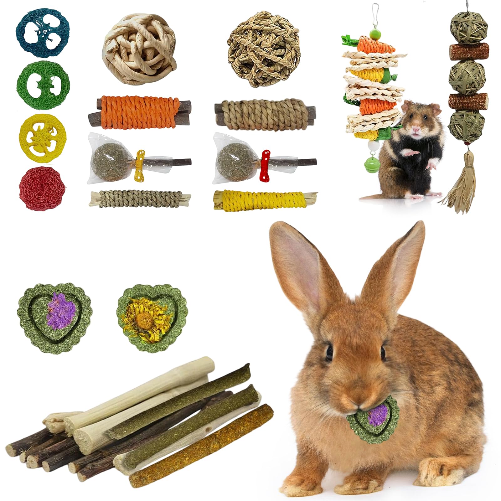 Vyranut Rabbit Chew Toys Set, Natural Wooden & Hay Chewing Toys for Rabbits and Guinea Pigs, Dental Care Gnaw Toys for Cage Use, Indoor Small Animal Toys, Multi-Piece Variety Pack