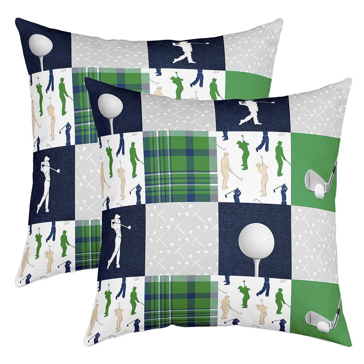 Manfei Golf Themed Throw Pillow Covers Watercolor Green Blue Gray Grid Stripes Cushion Covers for Kids Teens Adults Extreme Sports Game Style Cushion Cases for Bedroom Sofa Car, 2 Pack 18"x18" — image 1
